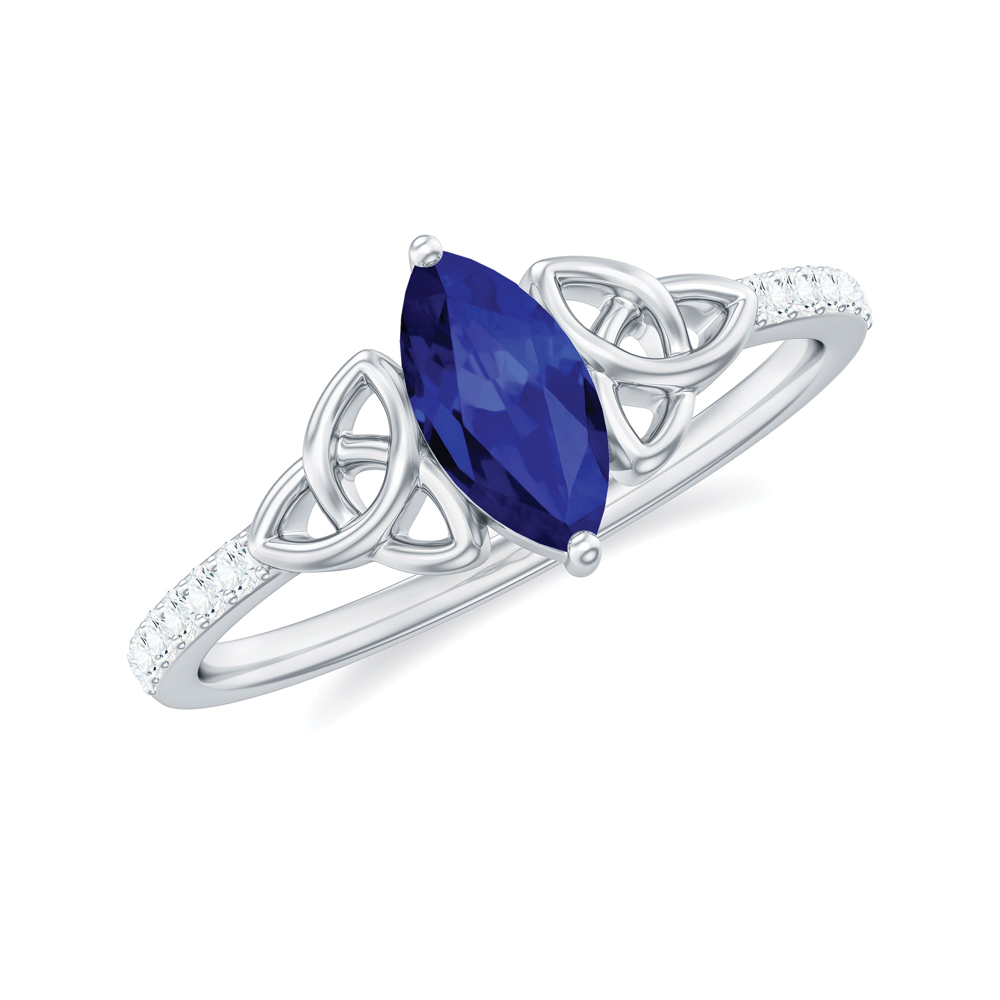 Marquise Cut Solitaire Created Blue Sapphire Celtic Knot Ring with Diamond