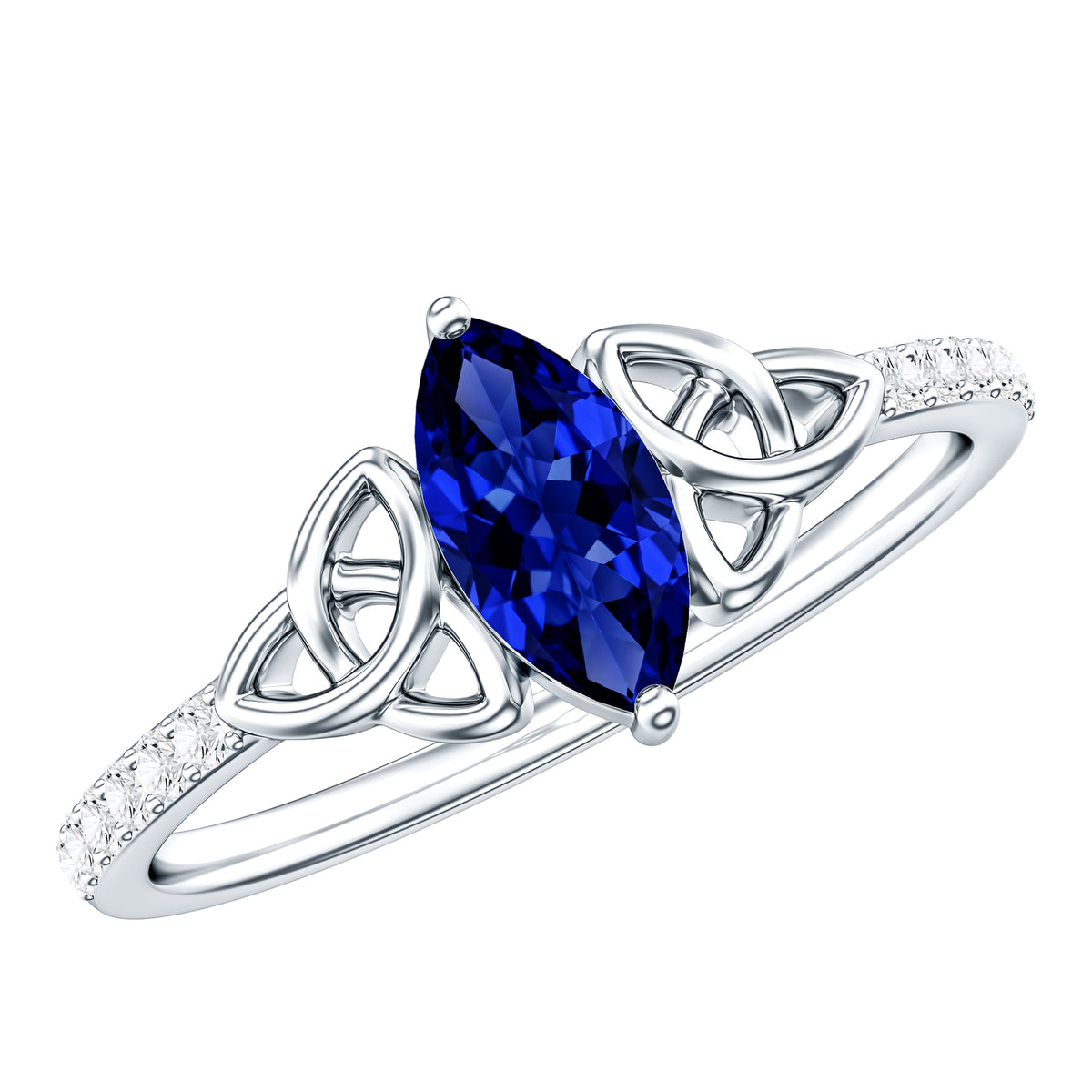 Certified 0.7 Carat Lab Grown Blue Sapphire Diamond Marquise Engagement Ring with Celtic Knot AAAA - Rosec Jewels