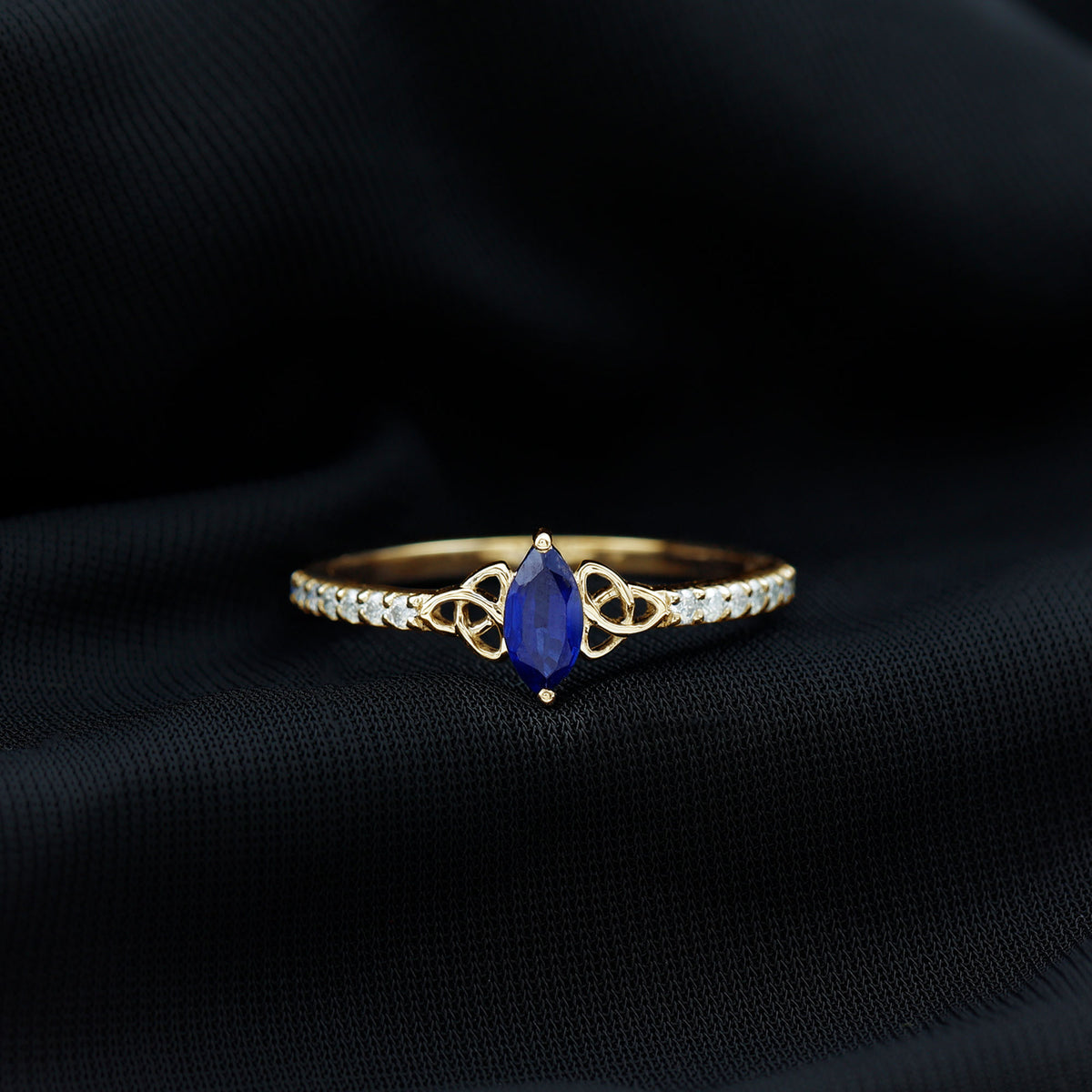 Certified 0.7 Carat Lab Grown Blue Sapphire Diamond Marquise Engagement Ring with Celtic Knot AAAA - Rosec Jewels