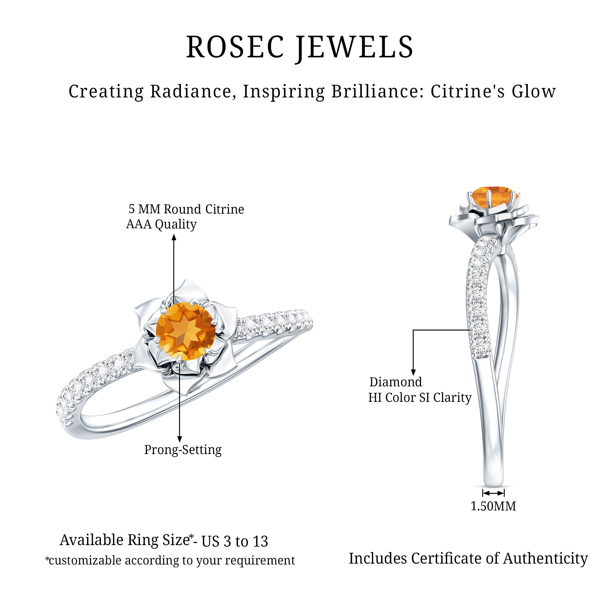 Certified Real Citrine Flower Engagement Ring with Diamond AAA - Rosec Jewels