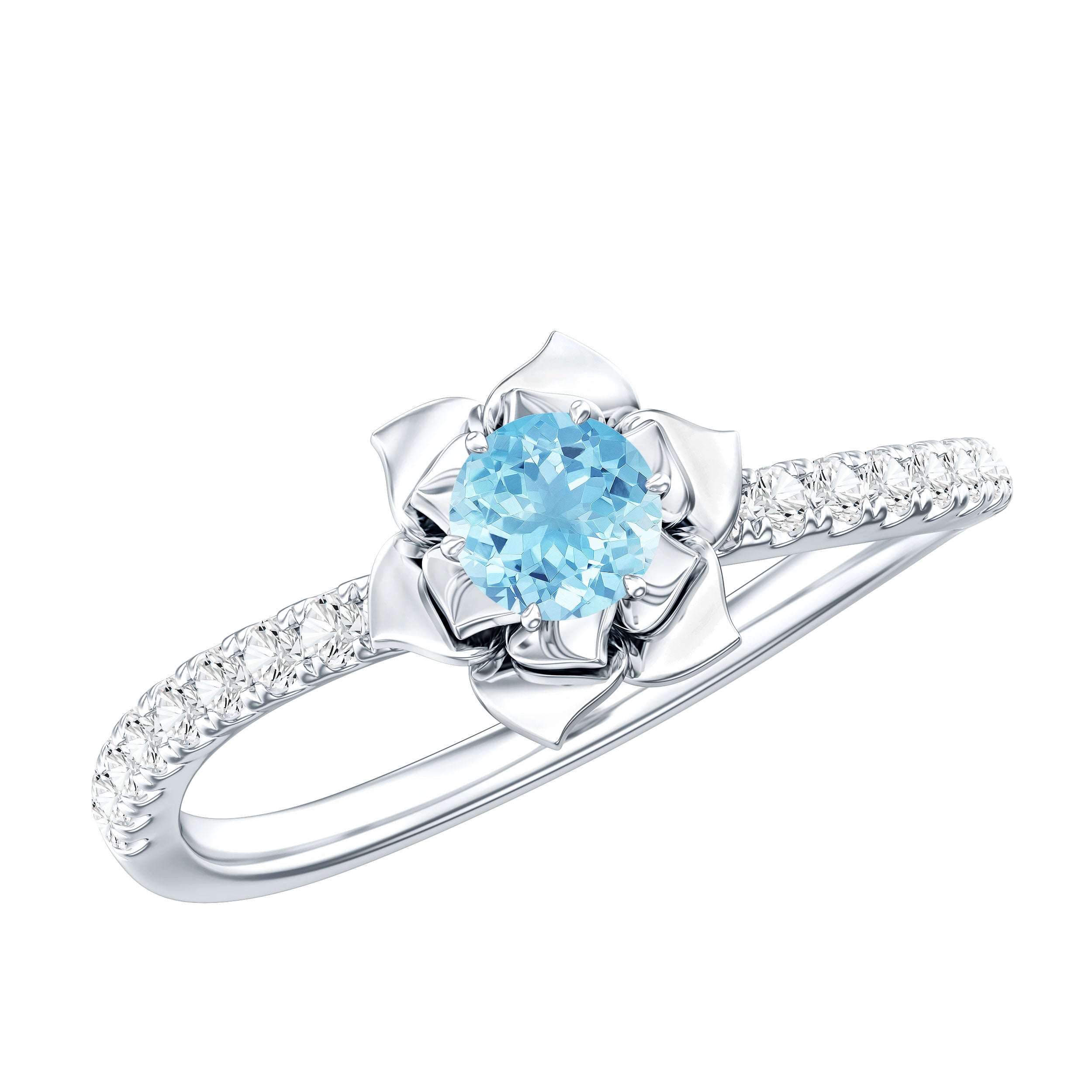 Floral Inspired Aquamarine Rose Engagement Ring with Diamond AAA - Rosec Jewels
