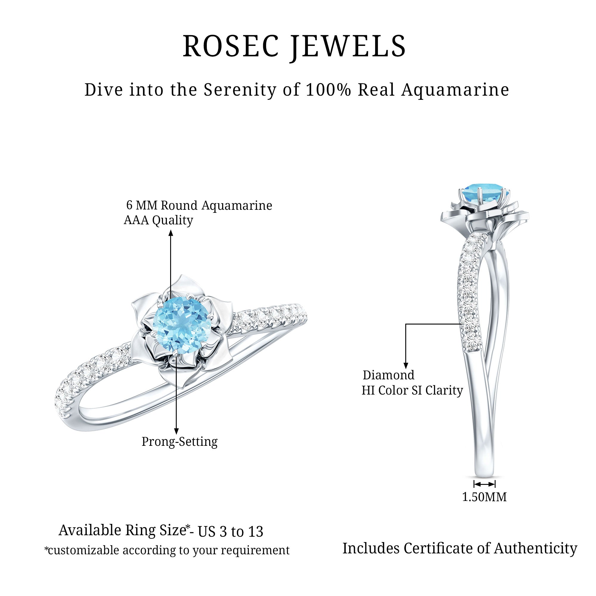 Floral Inspired Aquamarine Rose Engagement Ring with Diamond AAA - Rosec Jewels