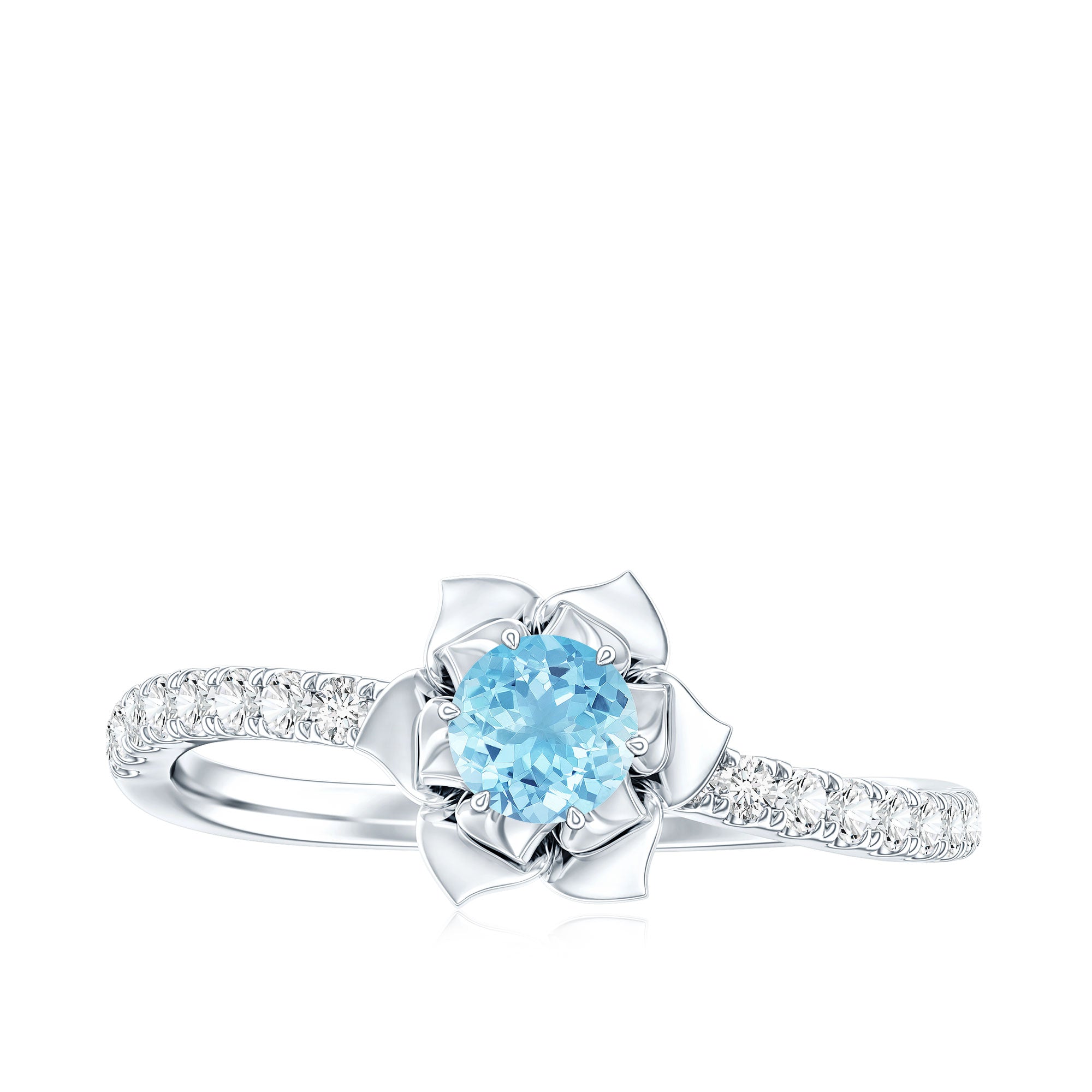 Floral Inspired Aquamarine Rose Engagement Ring with Diamond AAA - Rosec Jewels