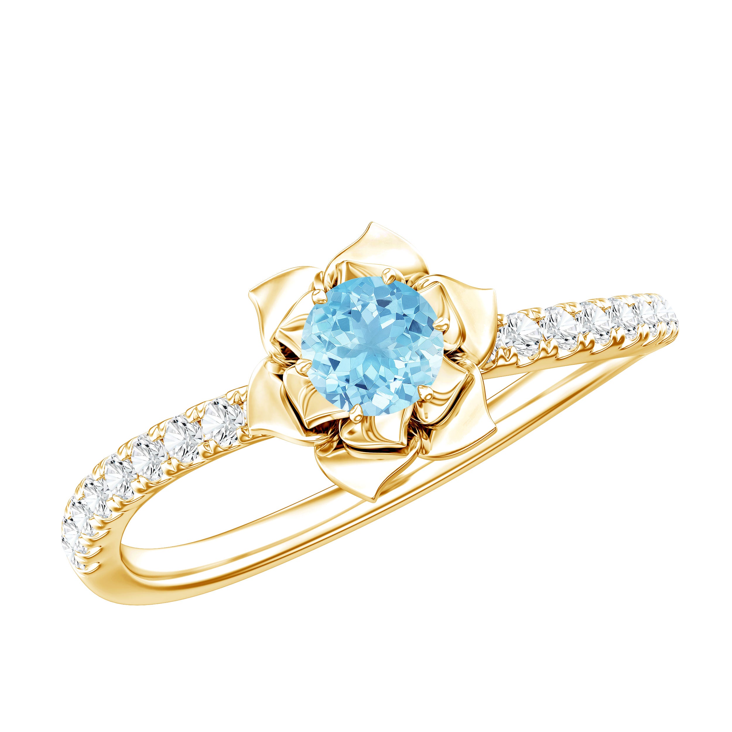 Floral Inspired Aquamarine Rose Engagement Ring with Diamond AAA - Rosec Jewels