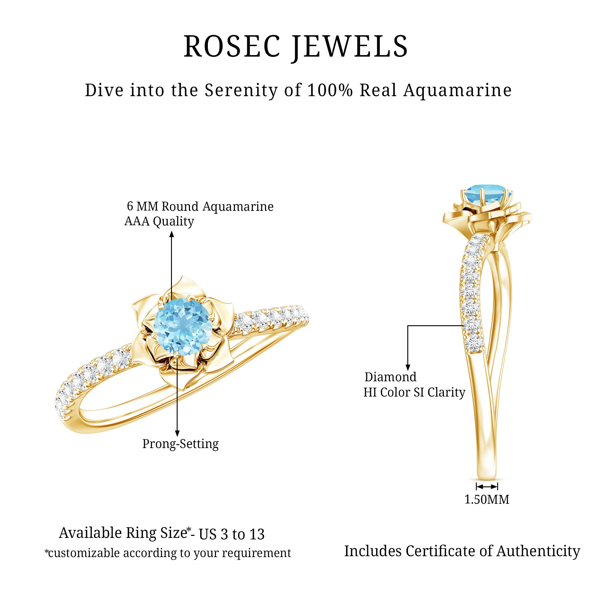 Floral Inspired Aquamarine Rose Engagement Ring with Diamond AAA - Rosec Jewels