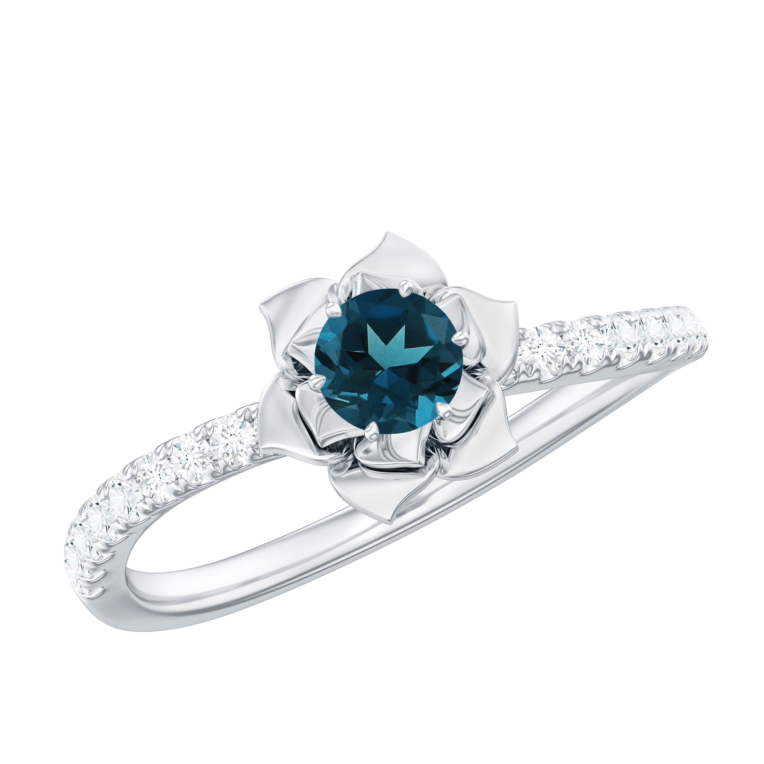 5mm Round London Blue Topaz Floral Engagement Ring with Diamond
