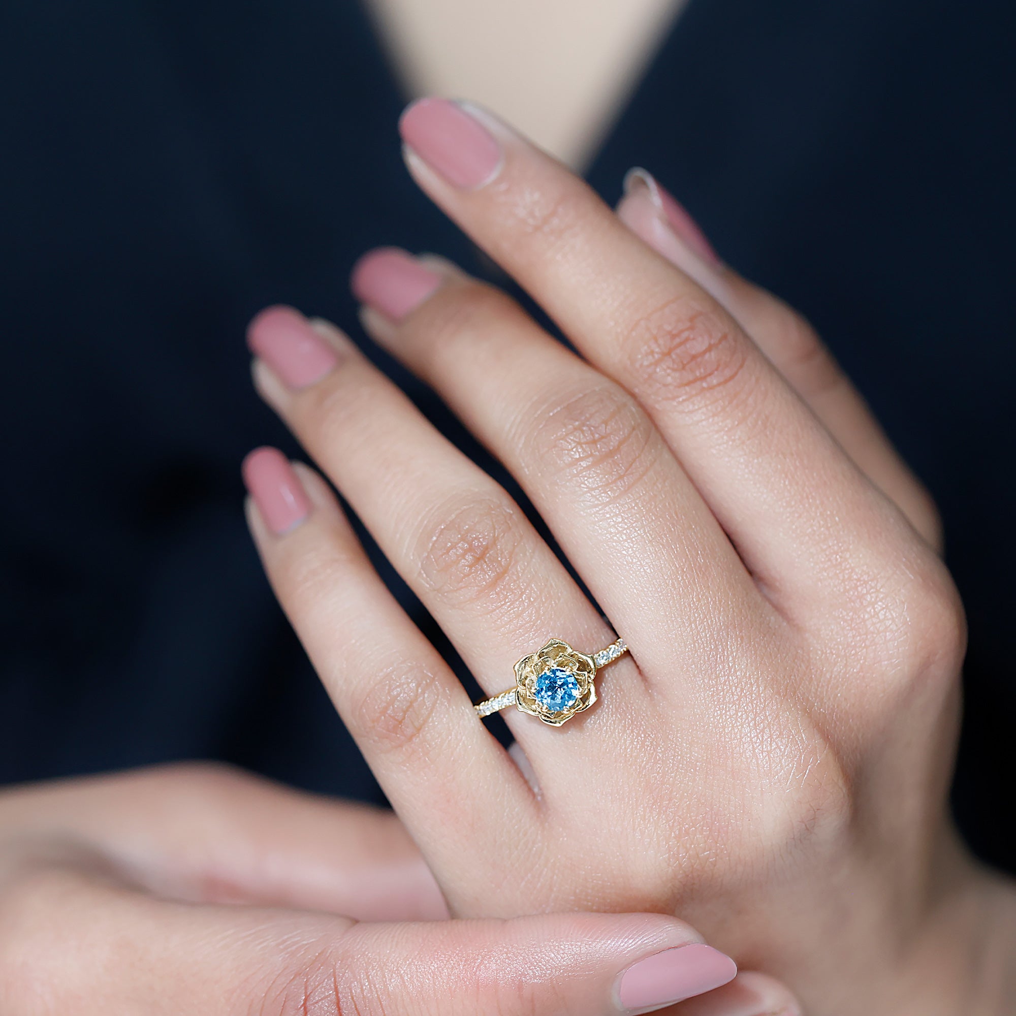 0.6 Carat Round London Blue Topaz Floral Engagement Ring with Diamond AAA - Rosec Jewels
