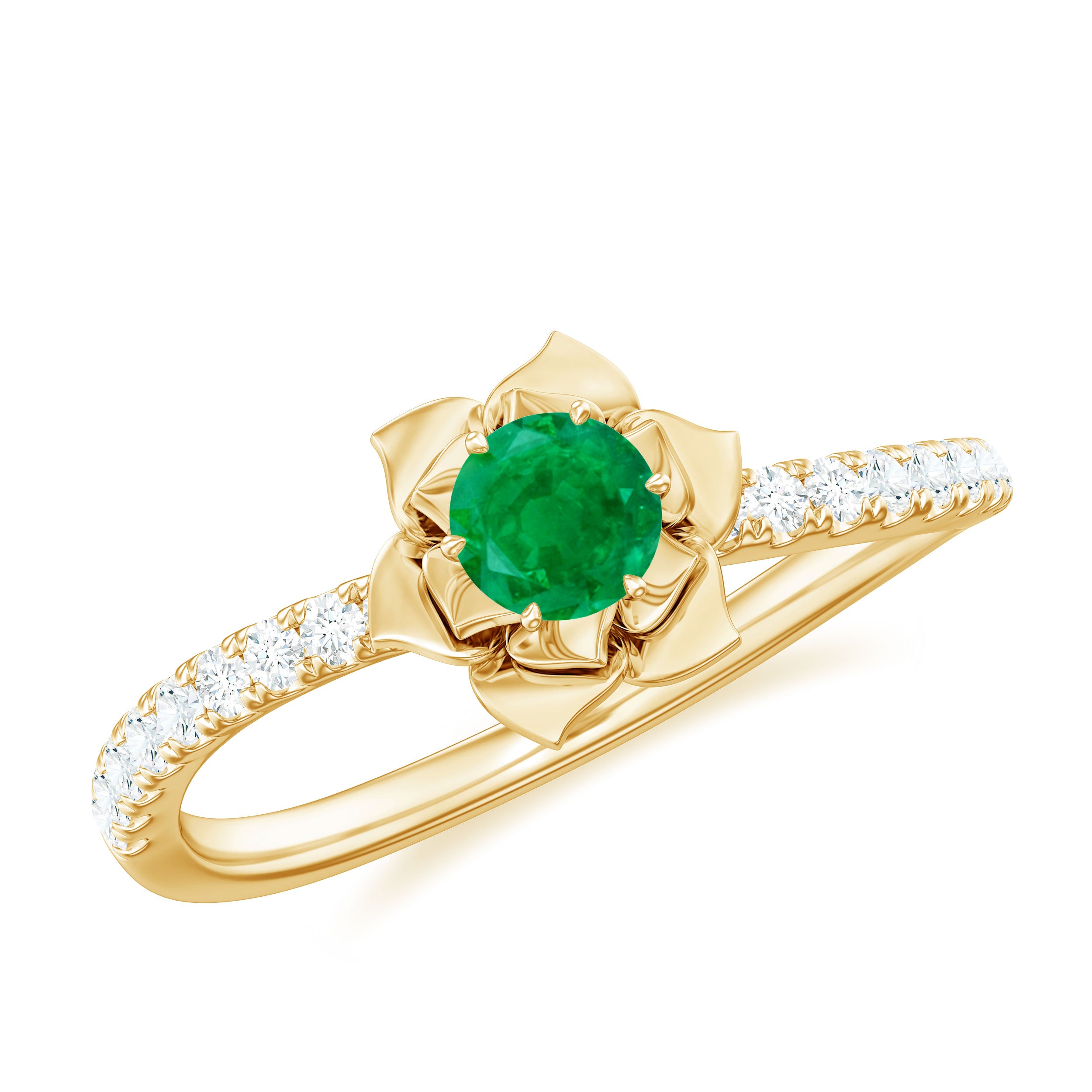 Genuine Emerald Flower Engagement Ring with Diamond AAA - Rosec Jewels