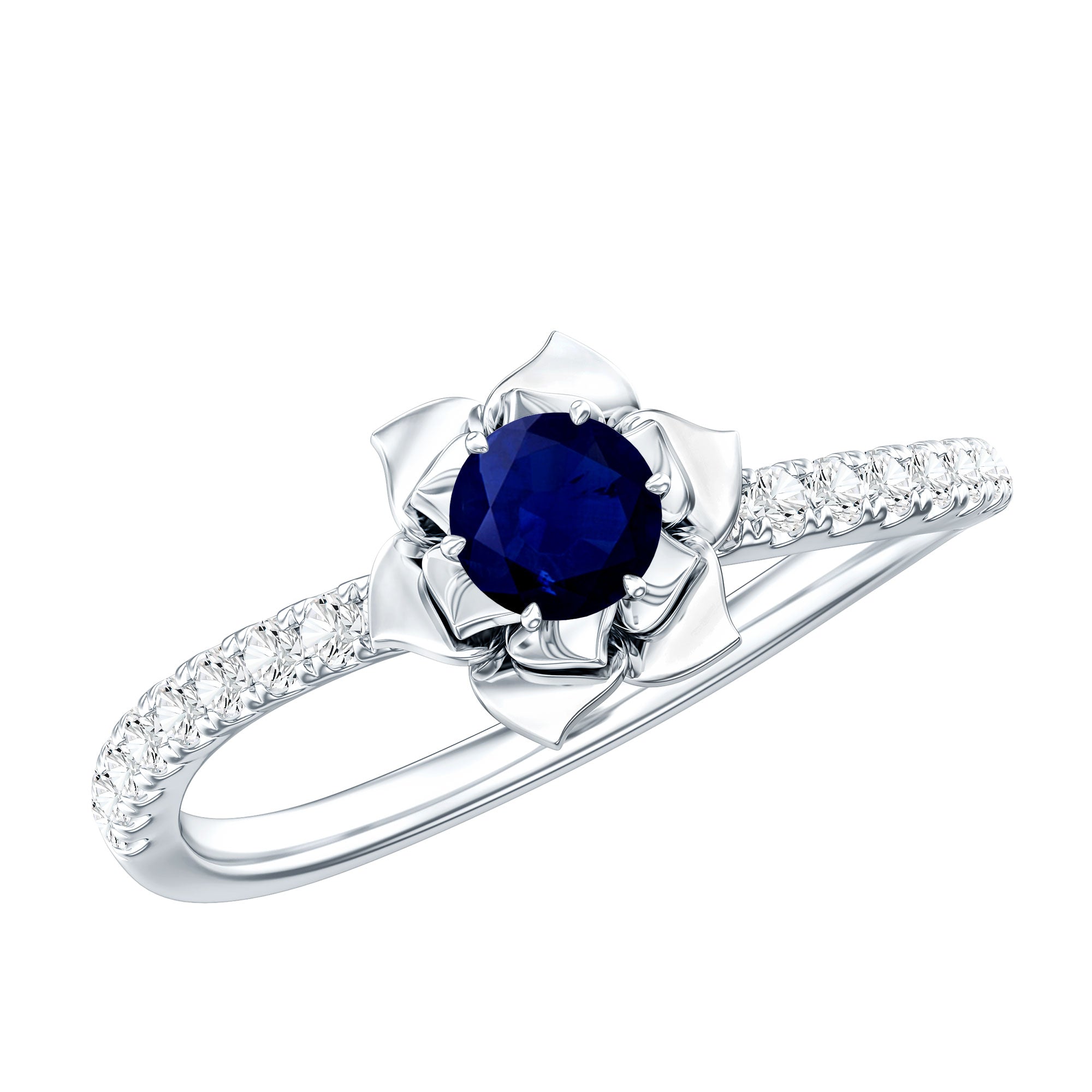 Real 0.9 Carat Blue Sapphire Rose Flower Engagement Ring with Diamond AAA - Rosec Jewels