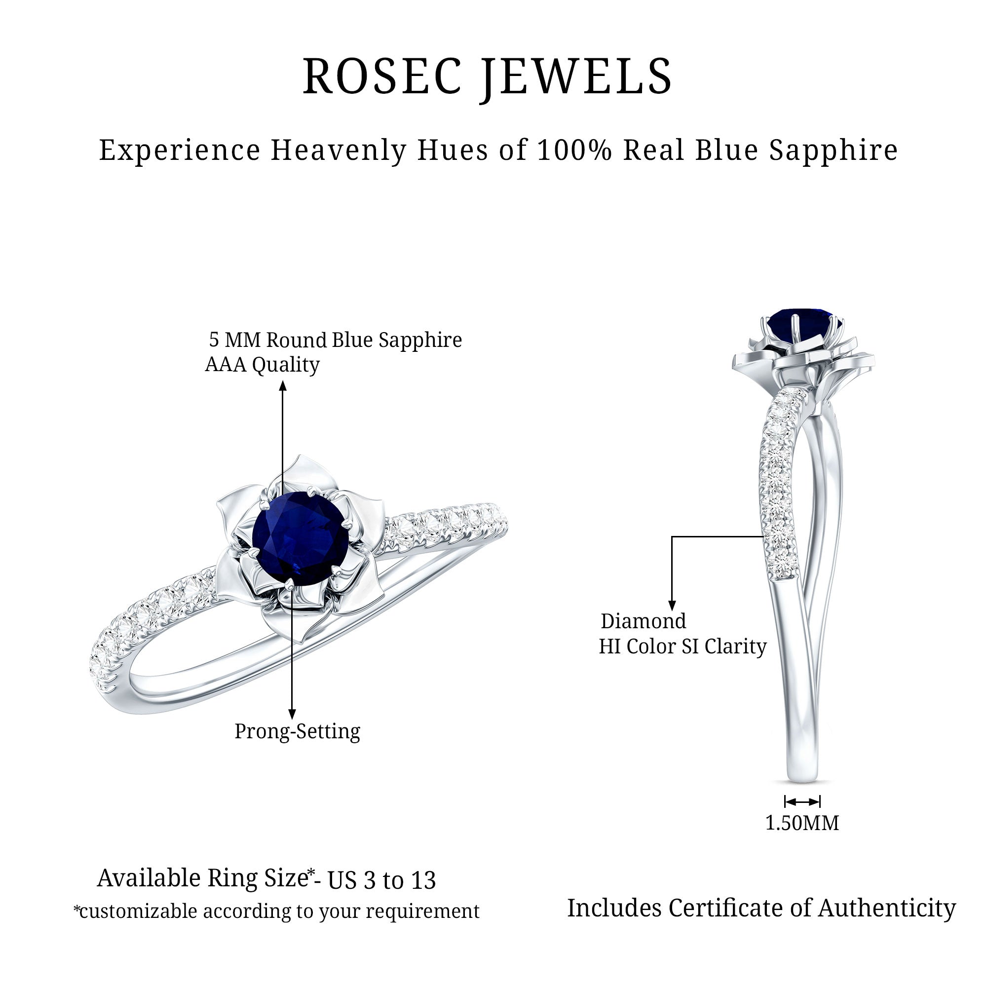 Real 0.9 Carat Blue Sapphire Rose Flower Engagement Ring with Diamond AAA - Rosec Jewels