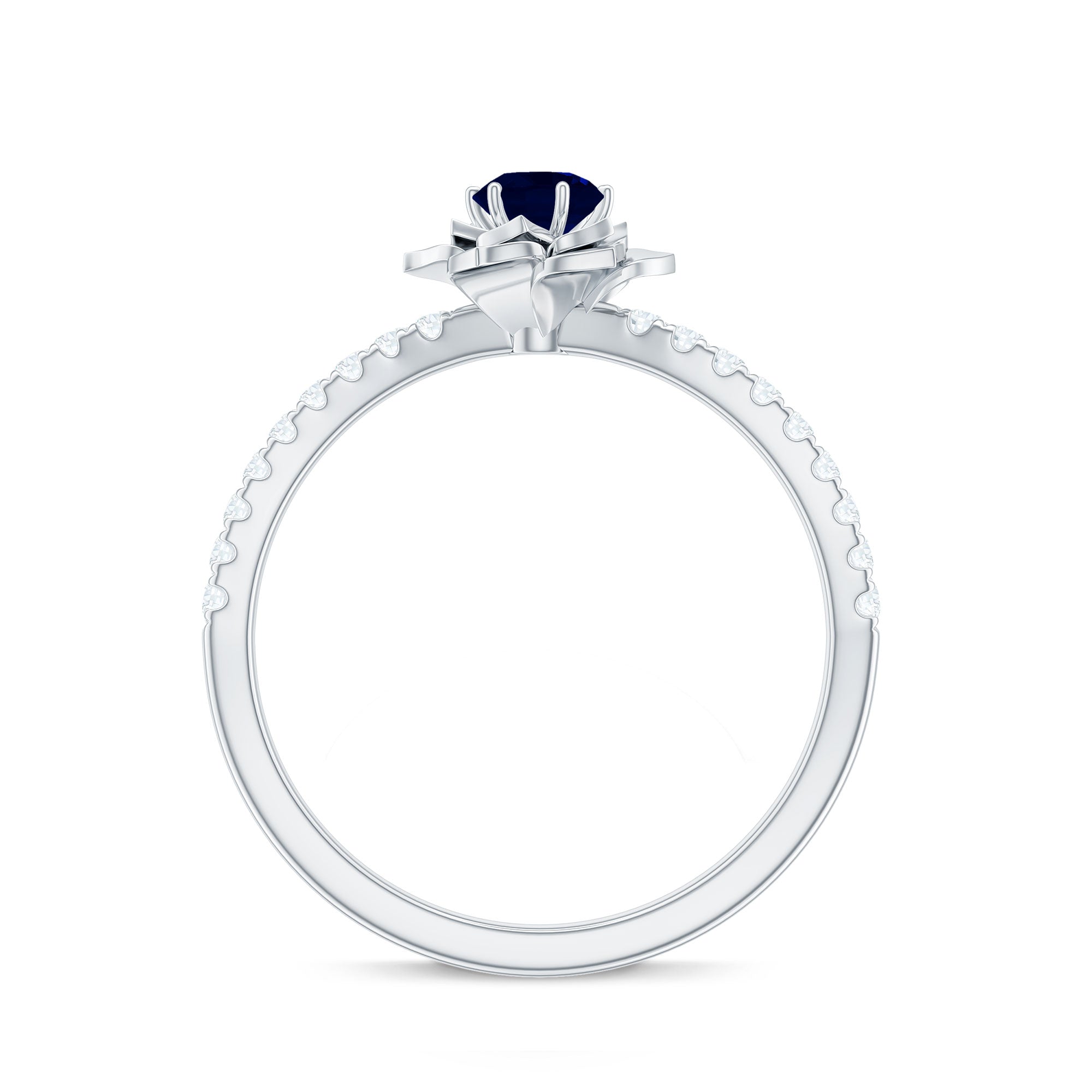 Real 0.9 Carat Blue Sapphire Rose Flower Engagement Ring with Diamond AAA - Rosec Jewels