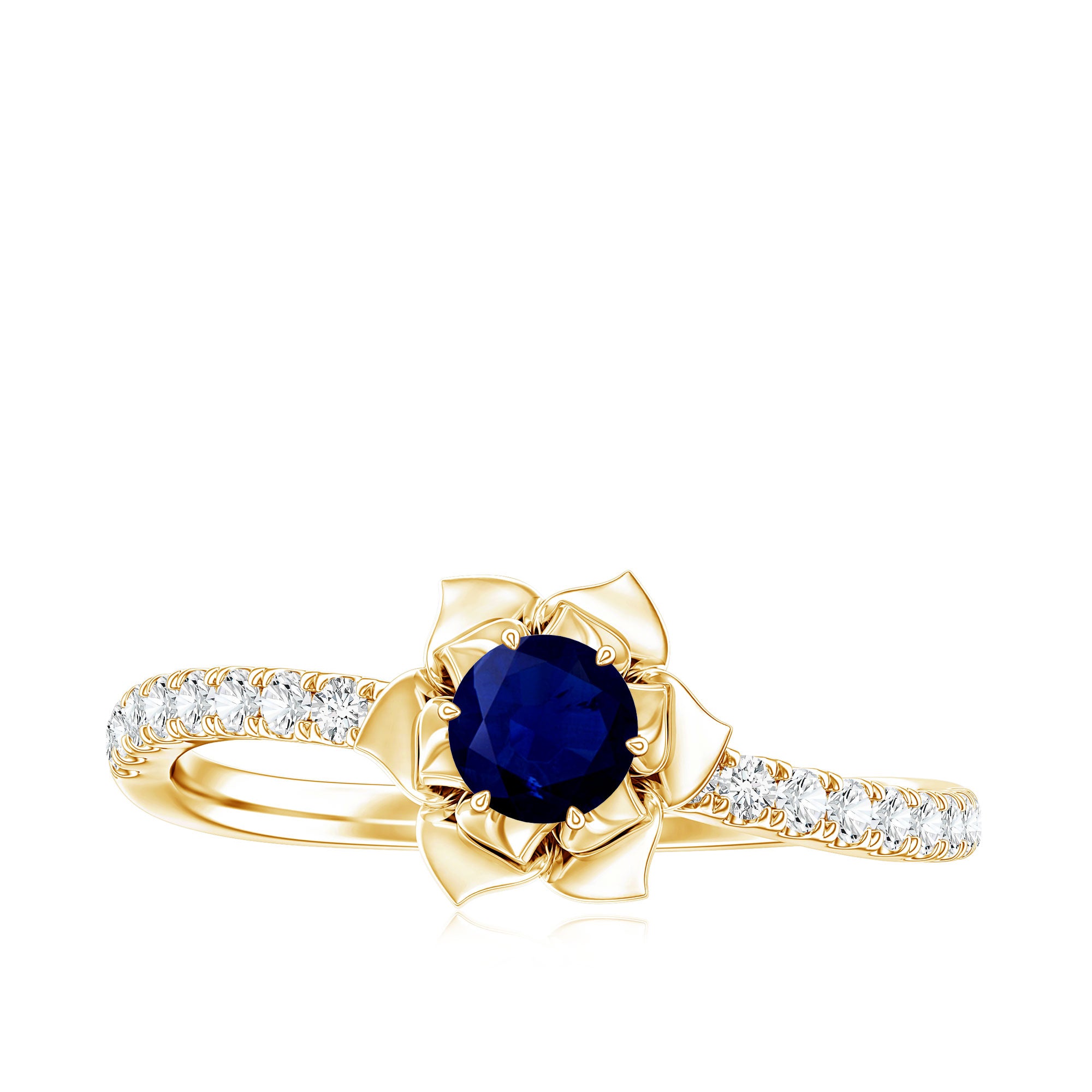 Real 0.9 Carat Blue Sapphire Rose Flower Engagement Ring with Diamond AAA - Rosec Jewels