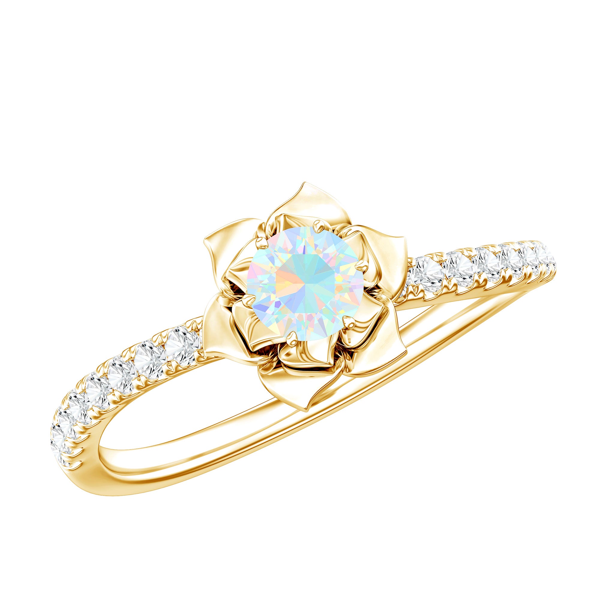 Natural Ethiopian Opal Floral Engagement Ring with Diamond Side Stones AAA - Rosec Jewels