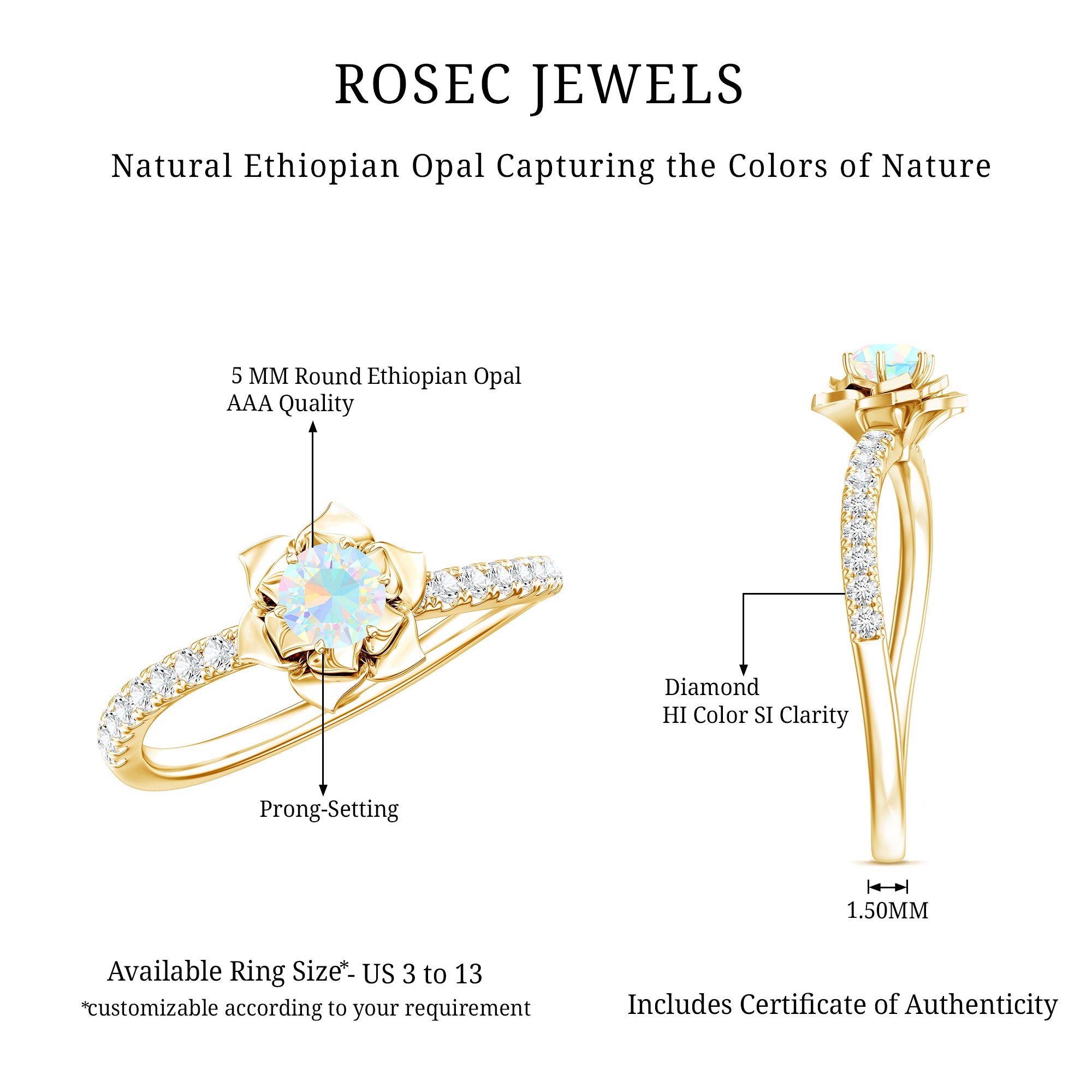 Natural Ethiopian Opal Floral Engagement Ring with Diamond Side Stones AAA - Rosec Jewels
