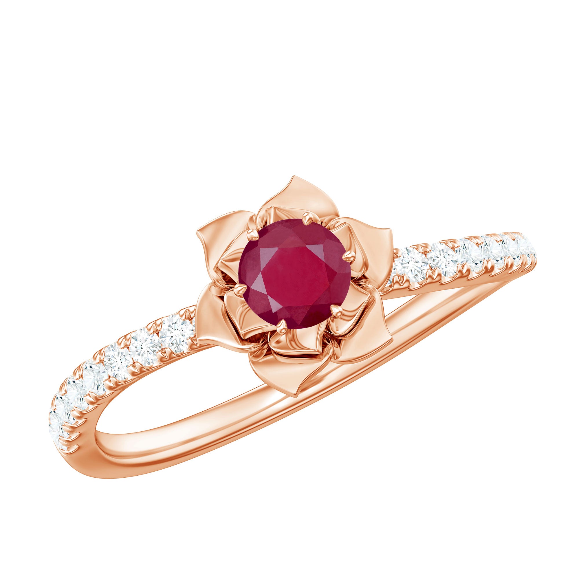 Natural 0.6 Carat Ruby Flower Engagement Ring with Diamond AAA - Rosec Jewels
