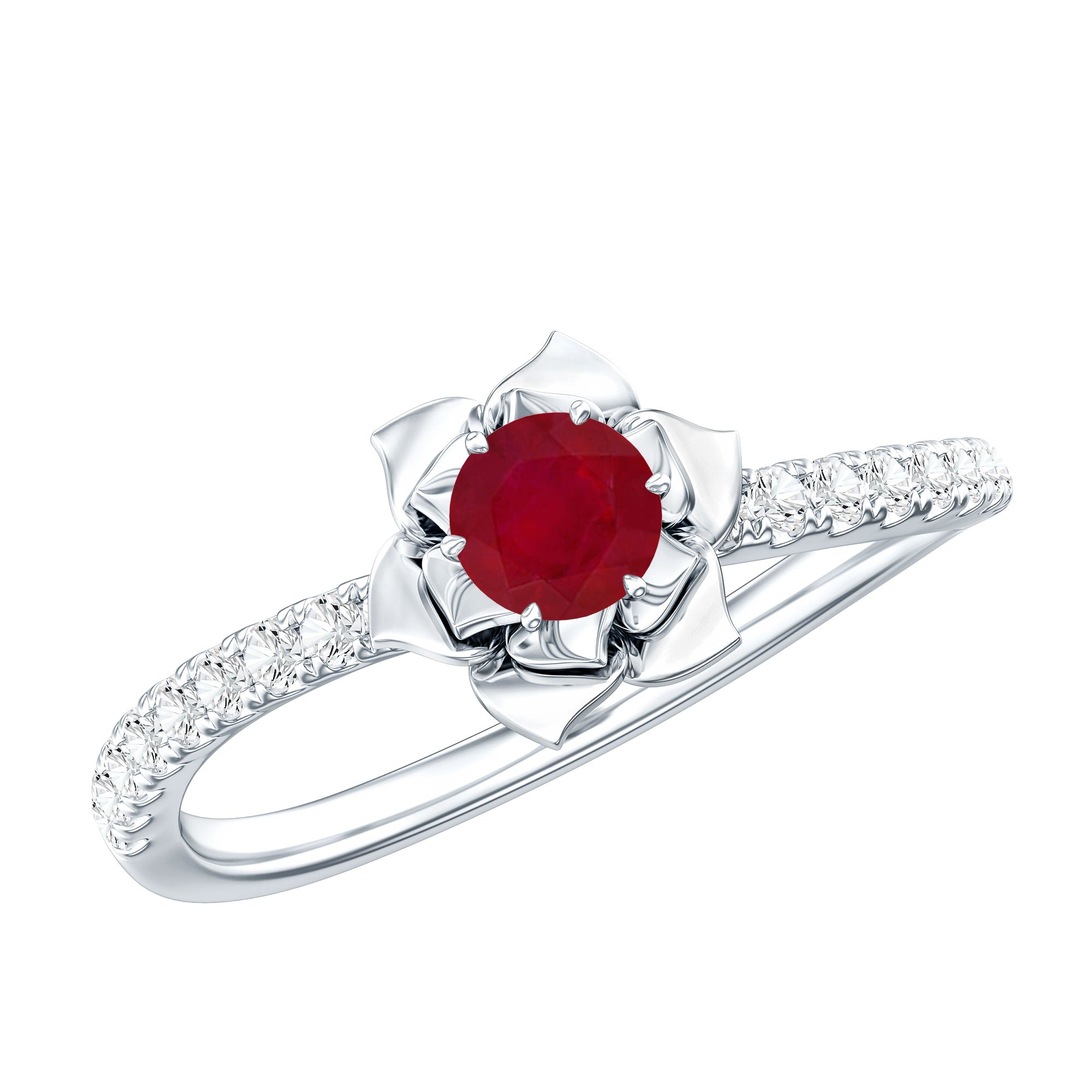 Natural 0.6 Carat Ruby Flower Engagement Ring with Diamond AAA - Rosec Jewels