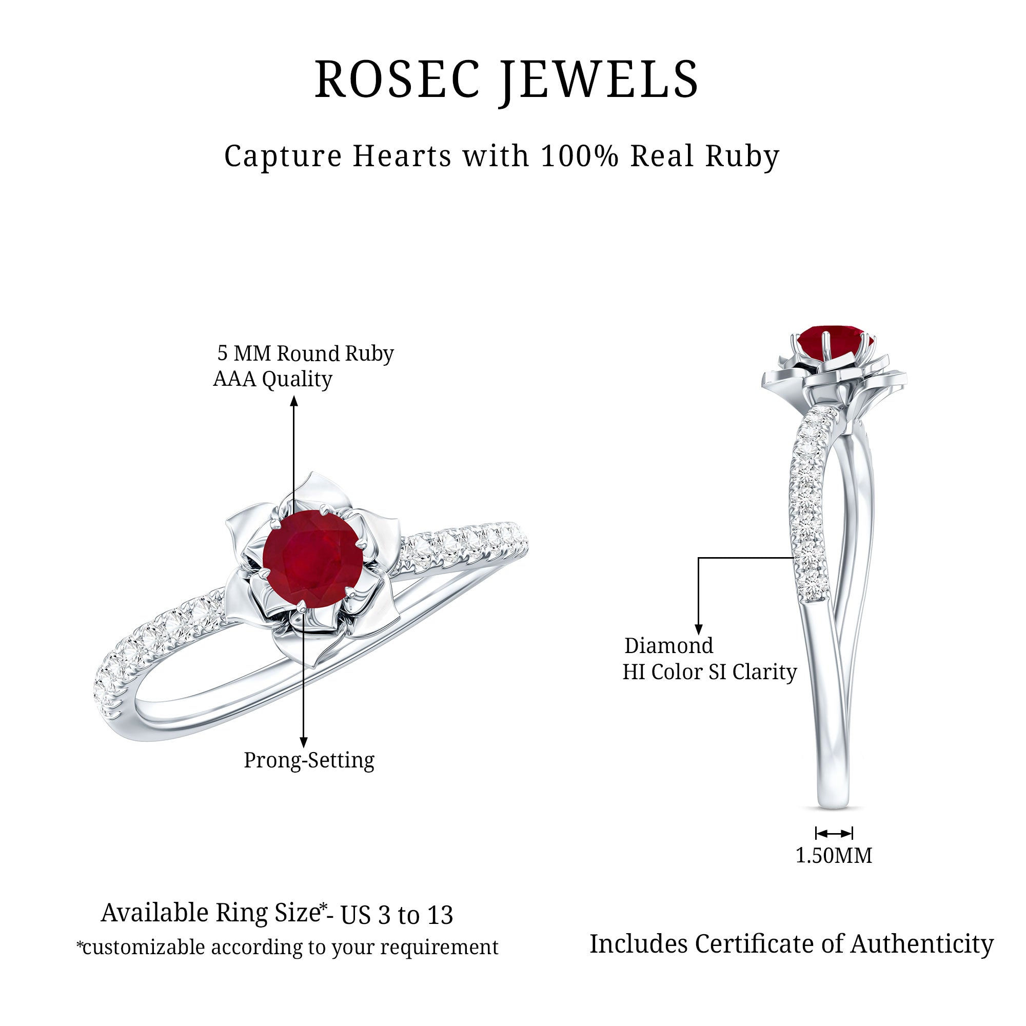 Natural 0.6 Carat Ruby Flower Engagement Ring with Diamond AAA - Rosec Jewels