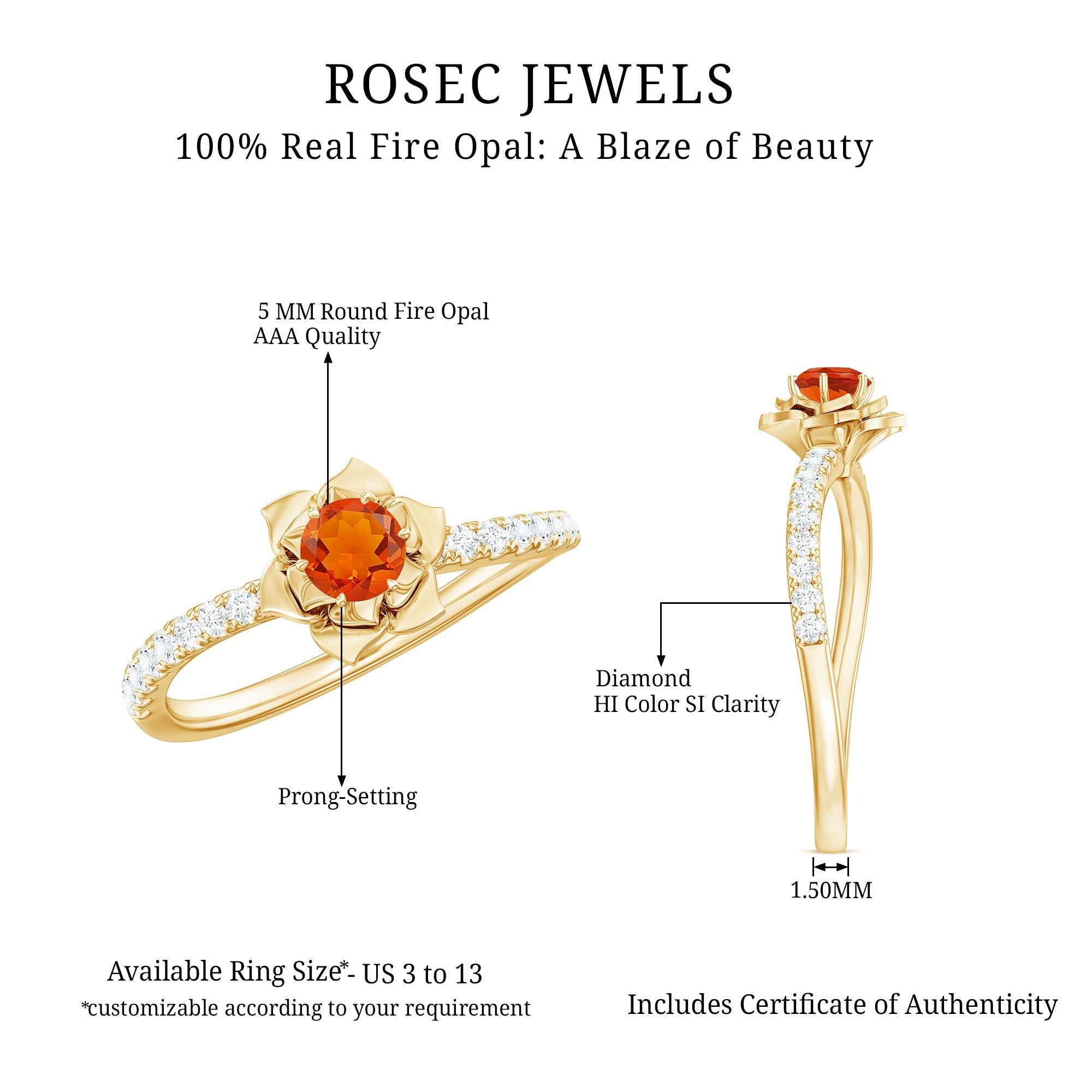 Rosec Jewels-1/2 Ct Fire Opal Flower Engagement Ring with Diamond