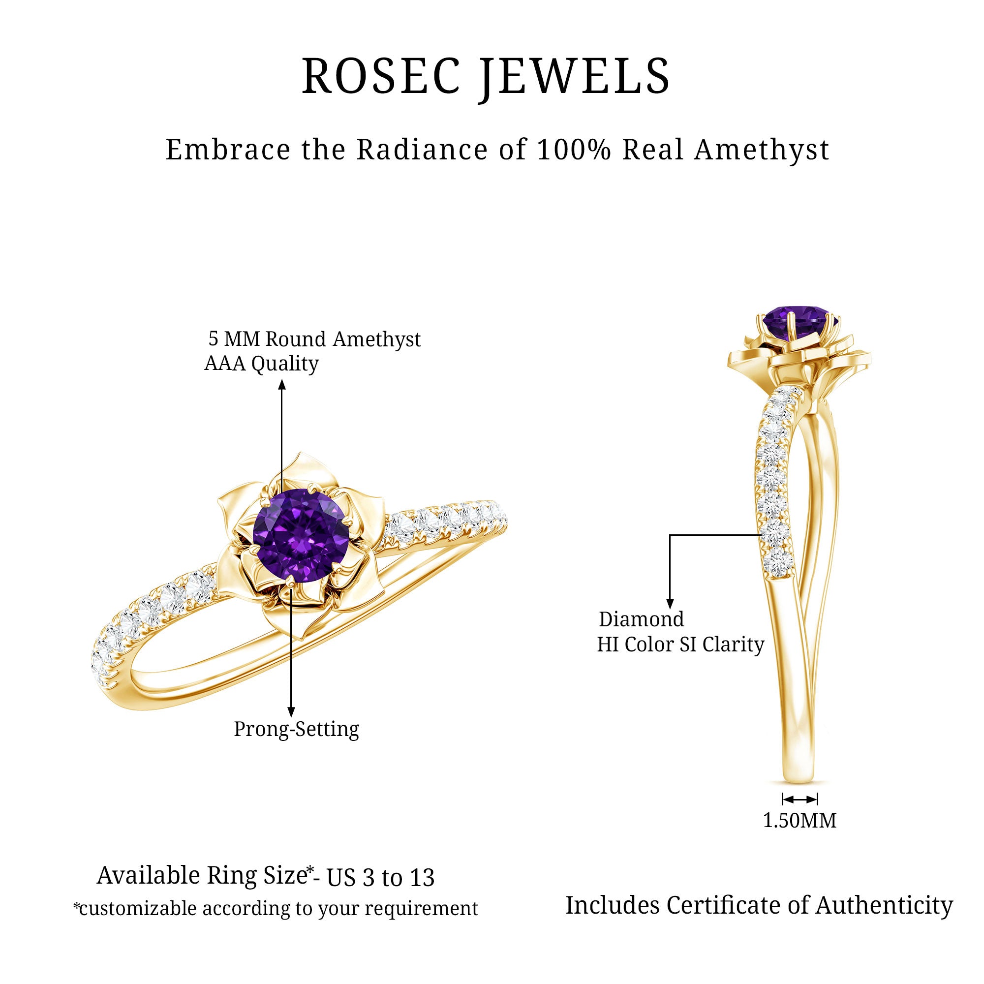 Natural Amethyst Rose Engagement Ring with Diamond AAA - Rosec Jewels
