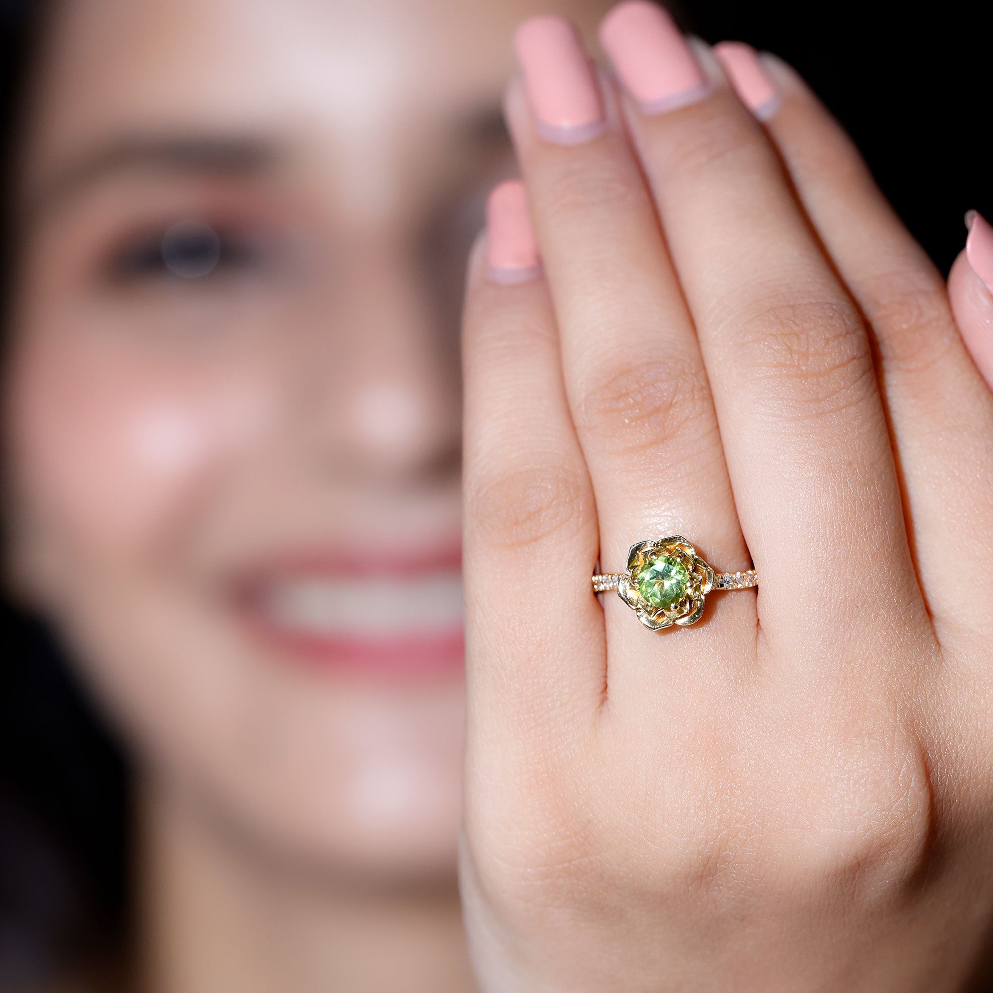 Nature Inspired Half Carat Peridot Flower Engagement Ring with Diamond AAA - Rosec Jewels