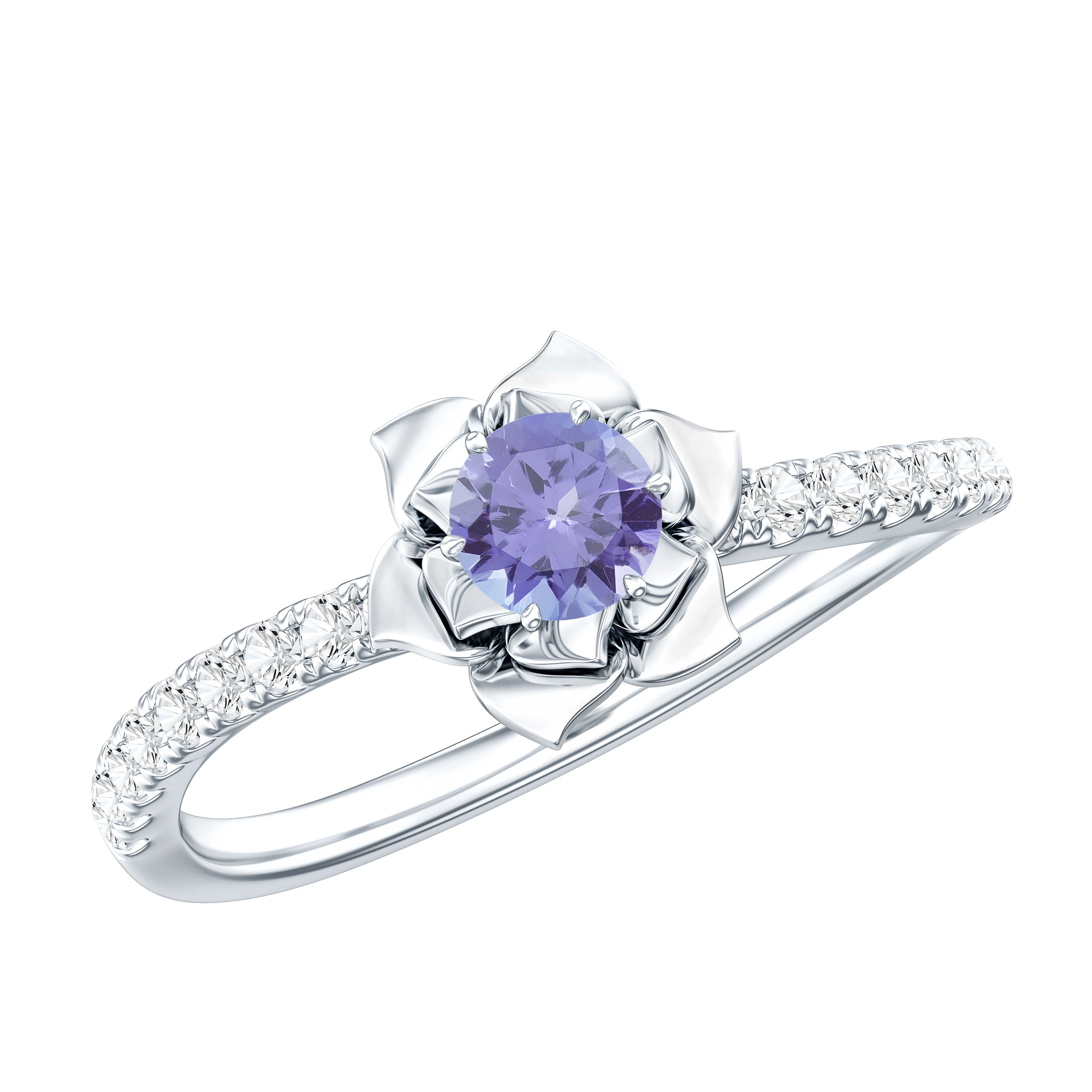 Genuine Tanzanite Rose Flower Engagement Ring with Diamond Curved Shank AAA - Rosec Jewels