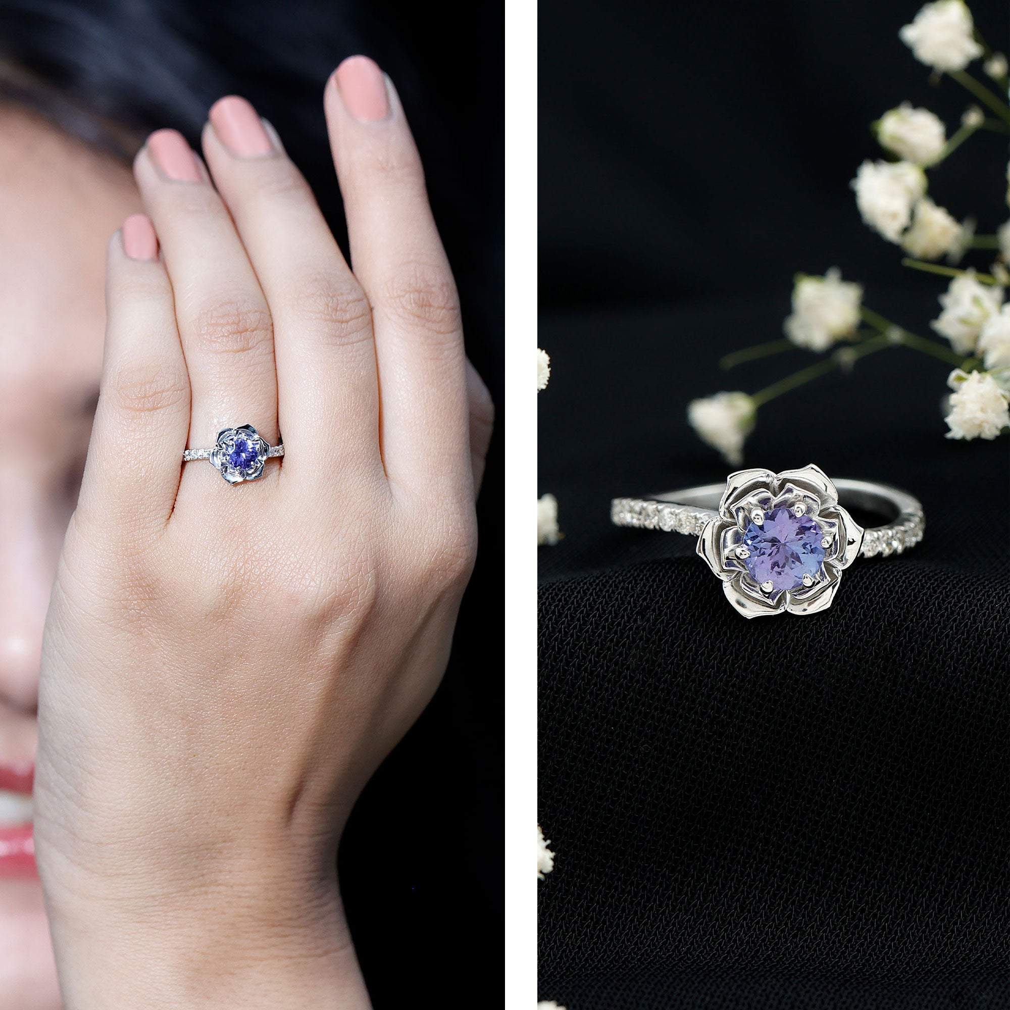 Genuine Tanzanite Rose Flower Engagement Ring with Diamond Curved Shank AAA - Rosec Jewels
