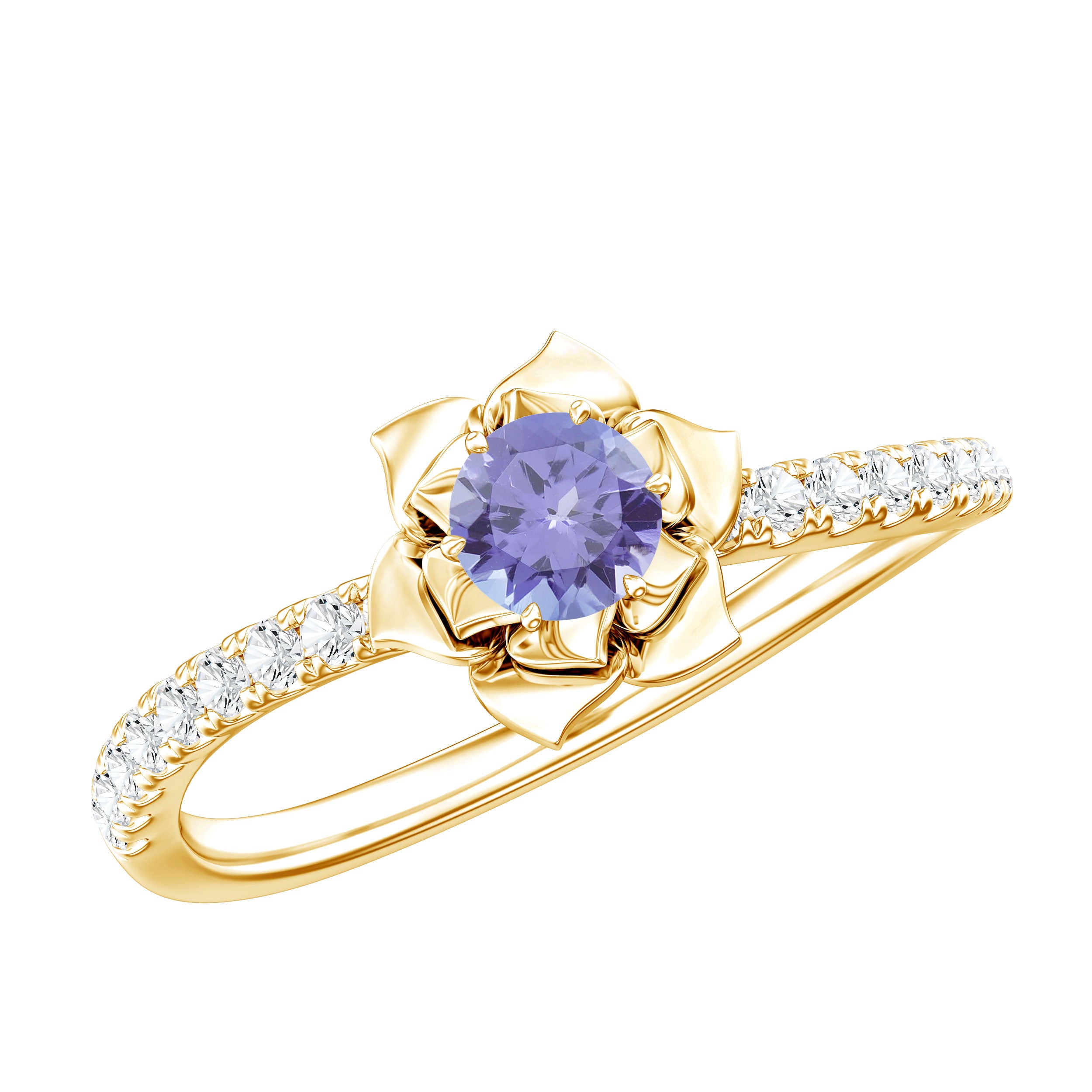 Genuine Tanzanite Rose Flower Engagement Ring with Diamond Curved Shank AAA - Rosec Jewels