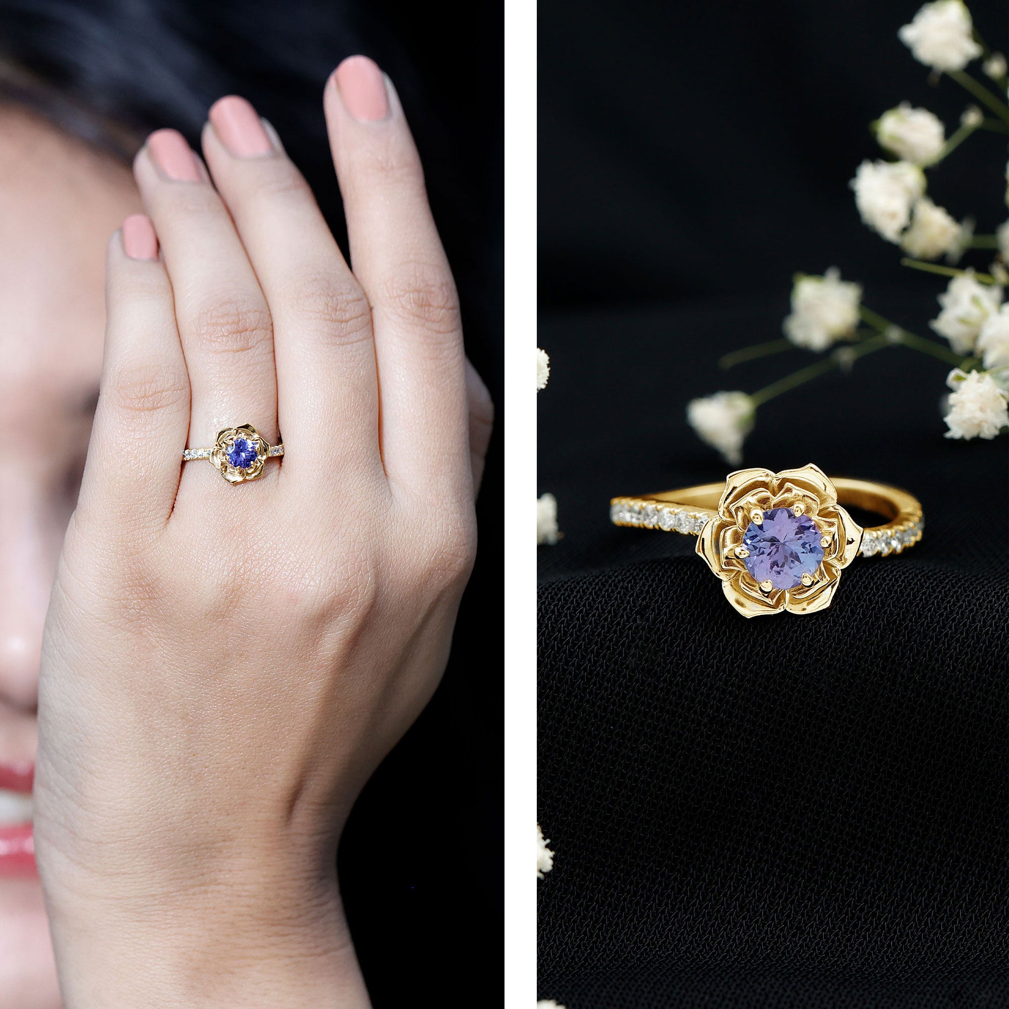 Genuine Tanzanite Rose Flower Engagement Ring with Diamond Curved Shank AAA - Rosec Jewels
