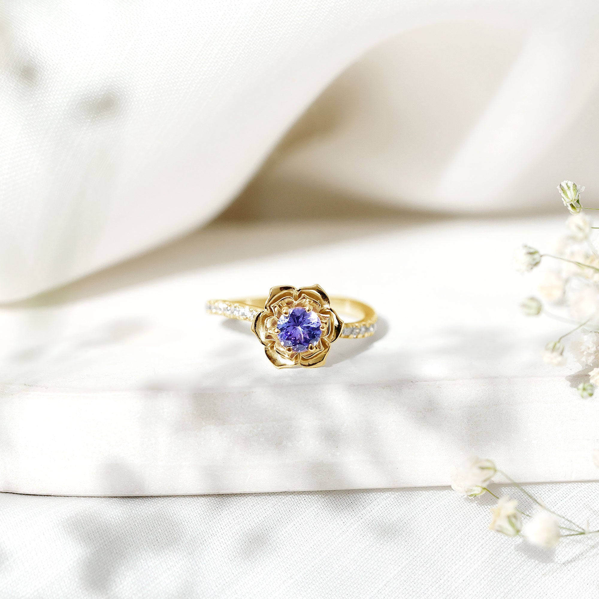 Genuine Tanzanite Rose Flower Engagement Ring with Diamond Curved Shank AAA - Rosec Jewels