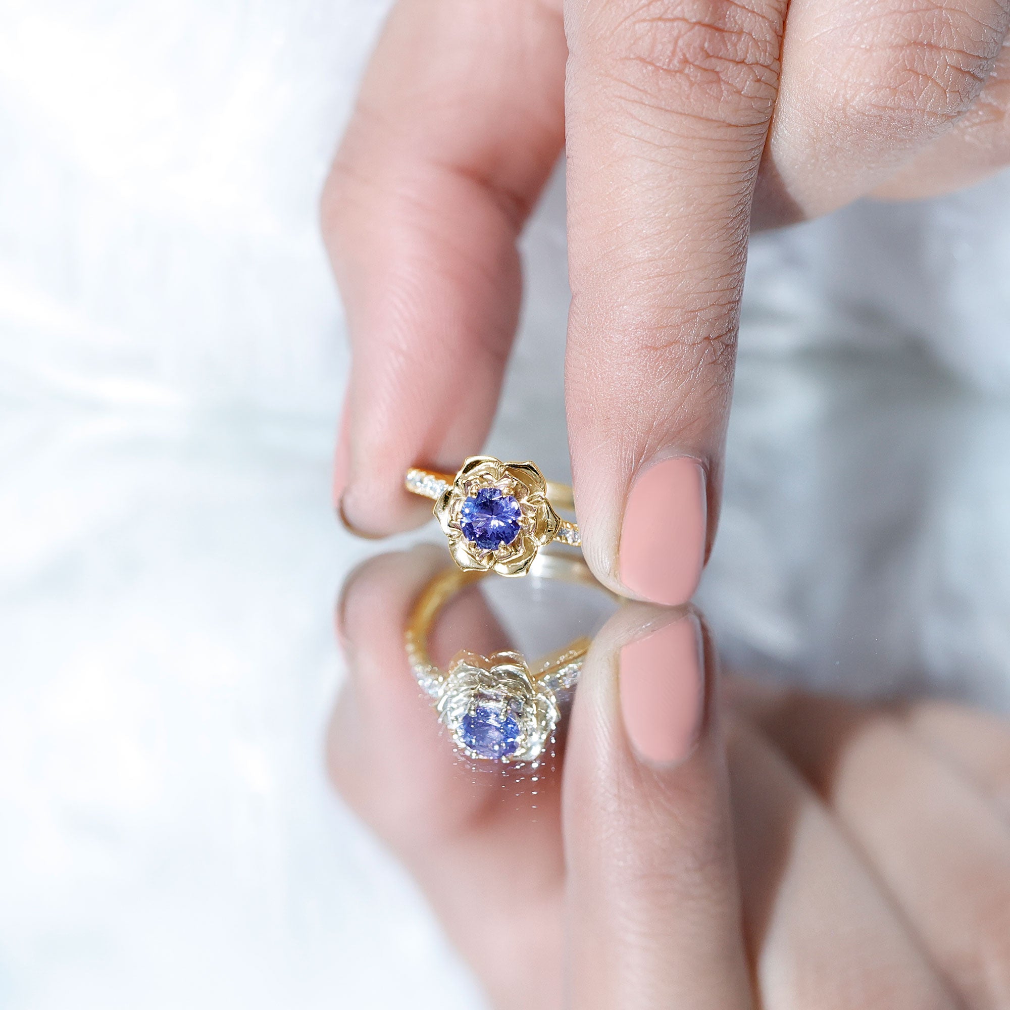 Genuine Tanzanite Rose Flower Engagement Ring with Diamond Curved Shank AAA - Rosec Jewels