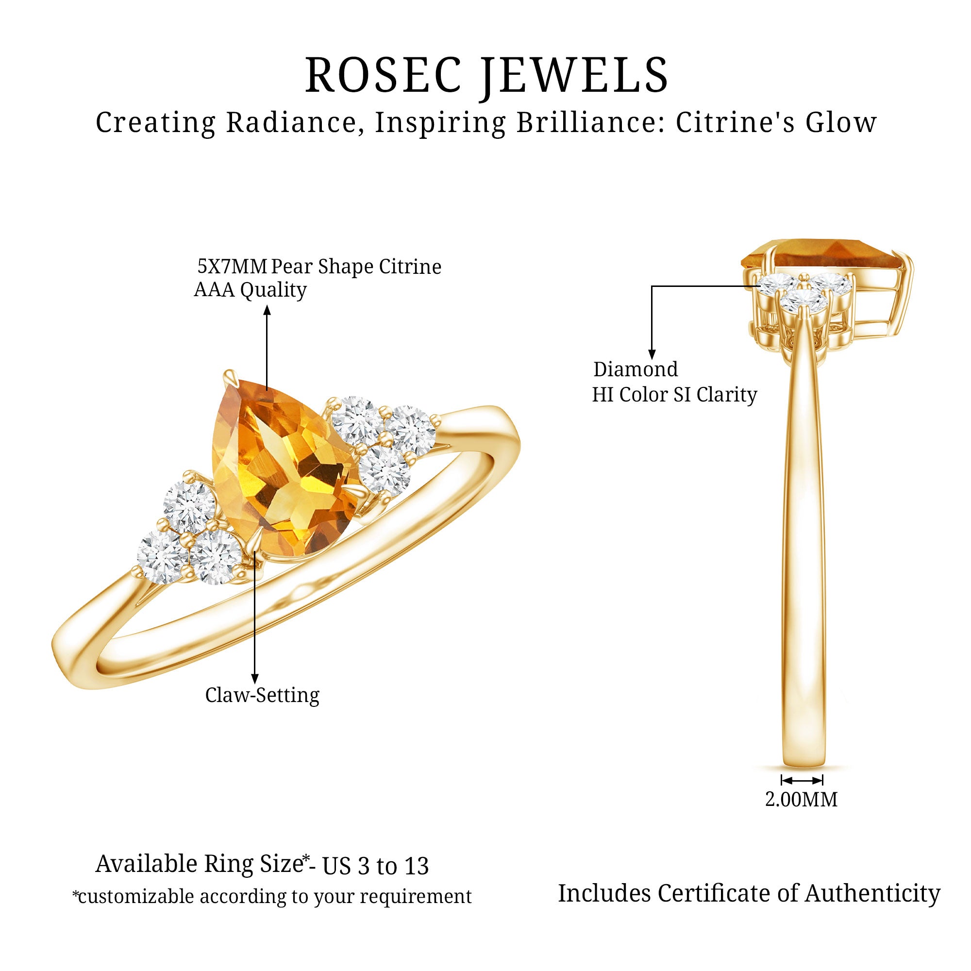 Classic Citrine Teardrop Engagement Ring with Diamond Trio AAA - Rosec Jewels