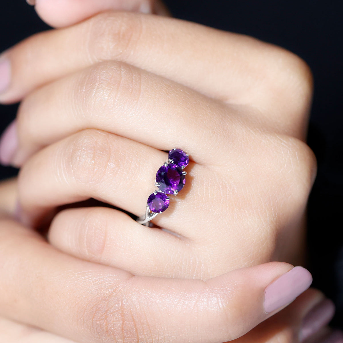 Natural Amethyst 3 Stone Engagement Ring for Women AAA - Rosec Jewels