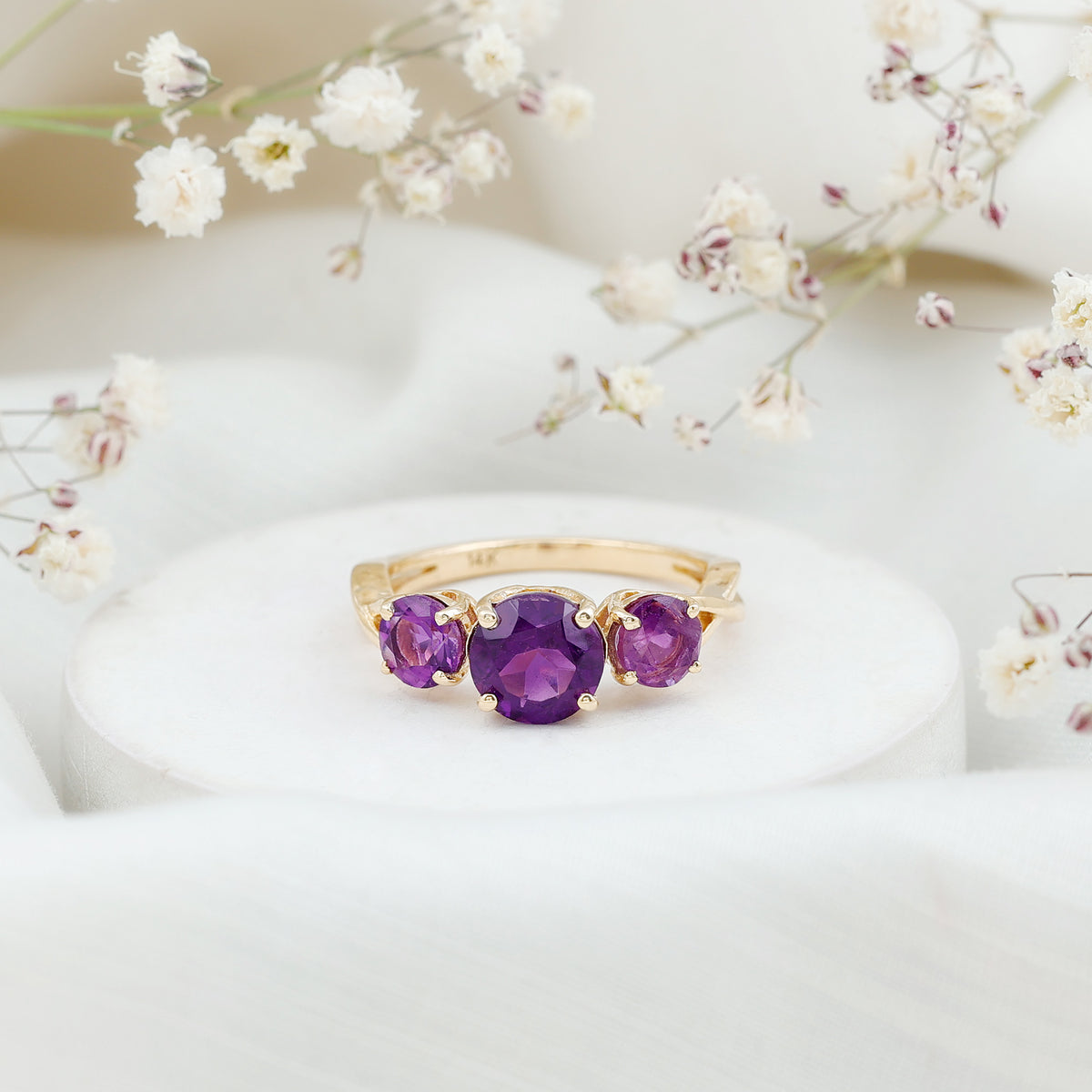 Natural Amethyst 3 Stone Engagement Ring for Women AAA - Rosec Jewels
