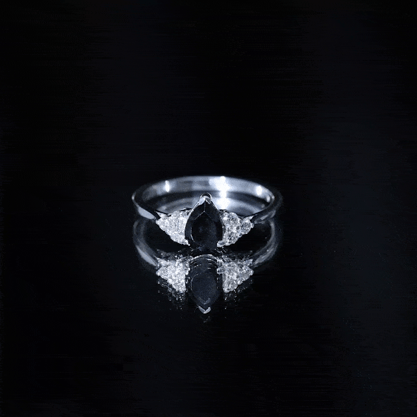 Pear Shaped Black Onyx Engagement Ring with Real Diamond Trio AAA - Rosec Jewels