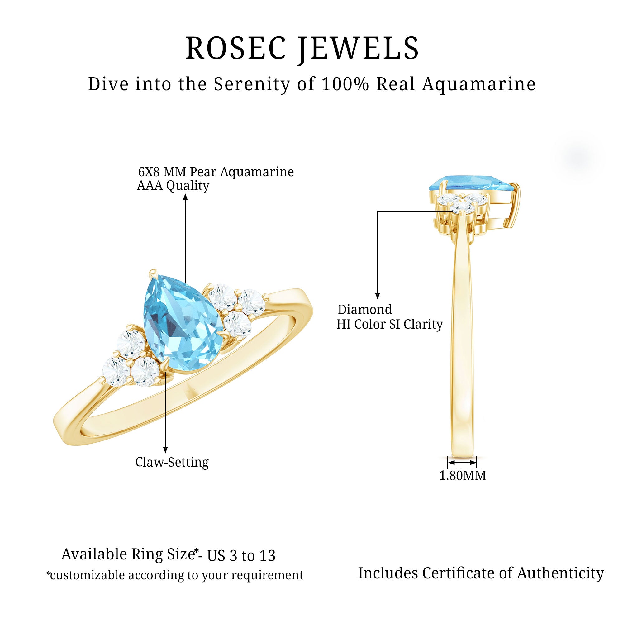 1 Carat Aquamarine Pear Engagement Ring with Diamond Trio AAA - Rosec Jewels
