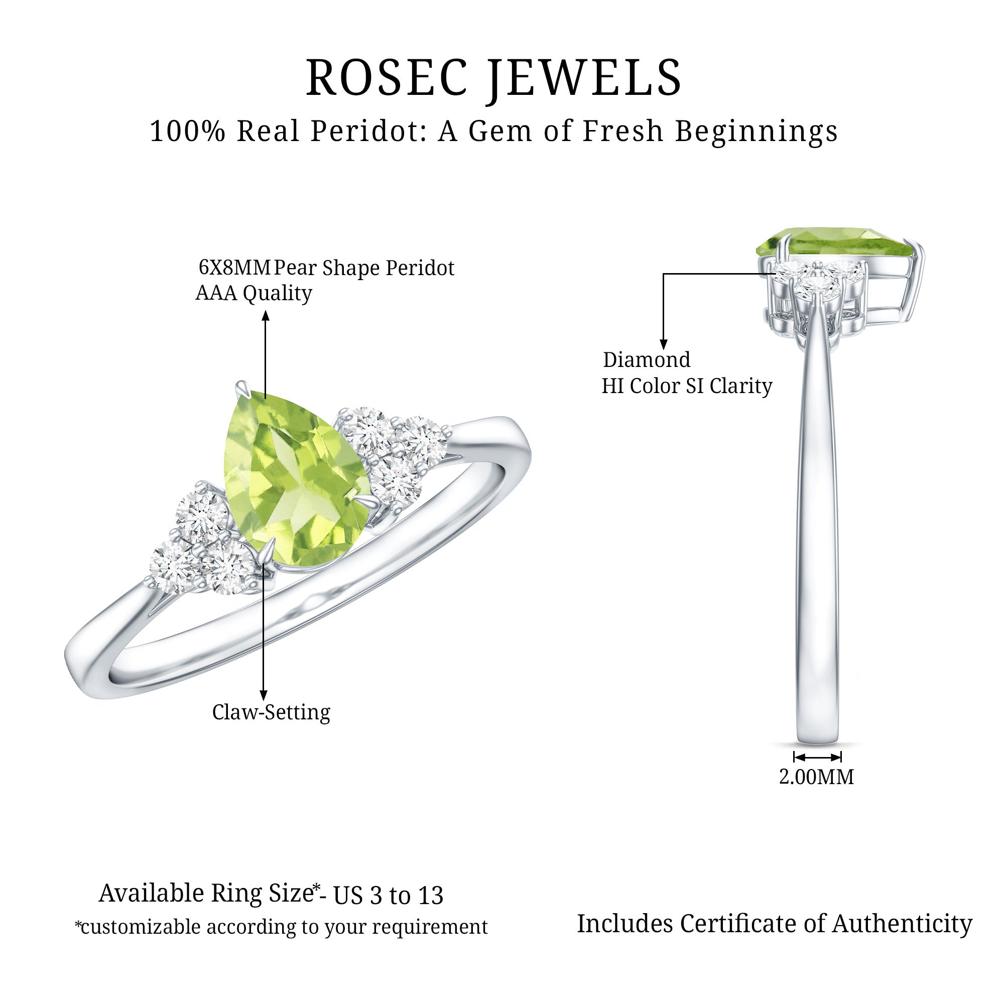 1 Carat Peridot Teardrop Engagement Ring with Diamond Trio AAA - Rosec Jewels