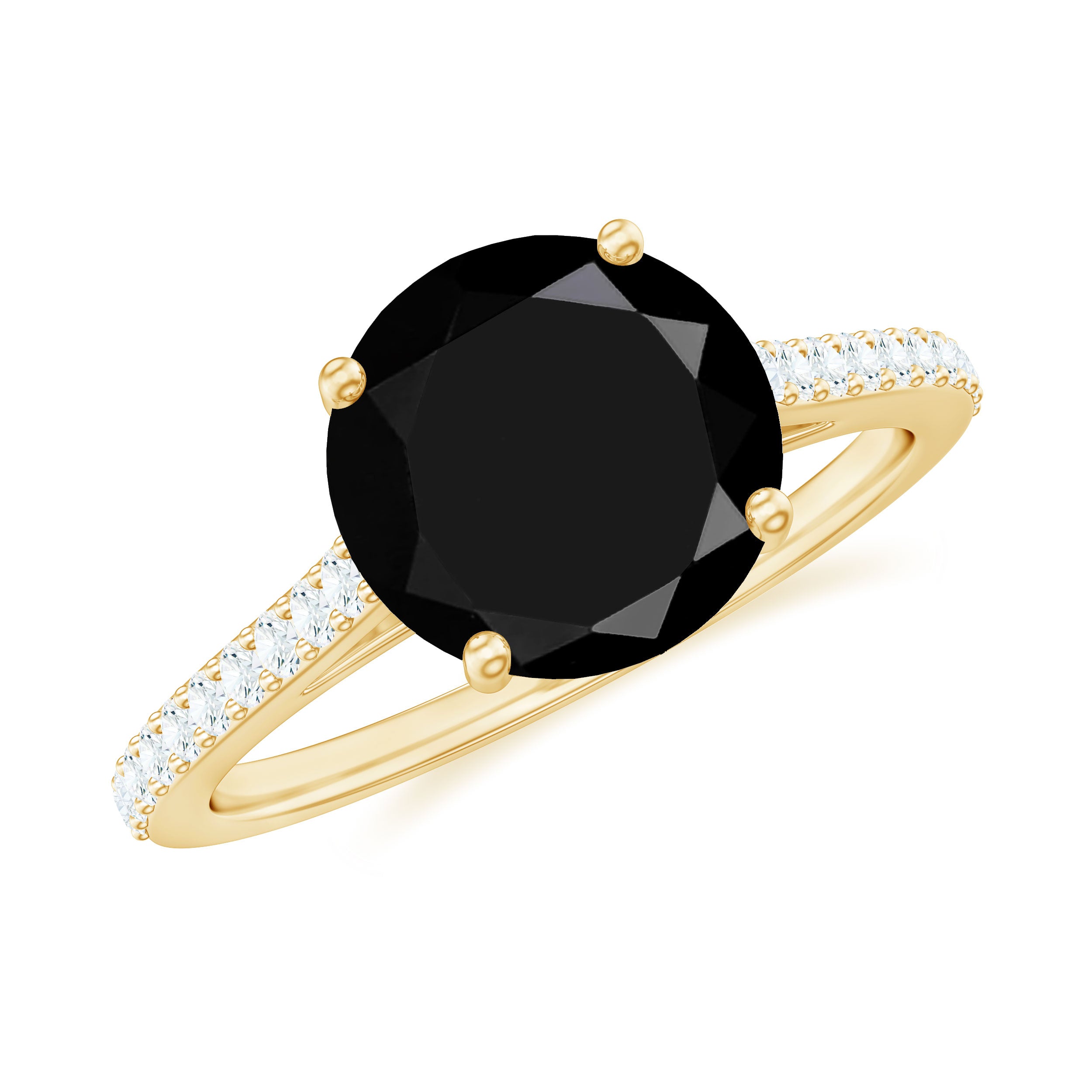 Round Cut Black Onyx Engagement Ring with Diamond Side Stones AAA - Rosec Jewels