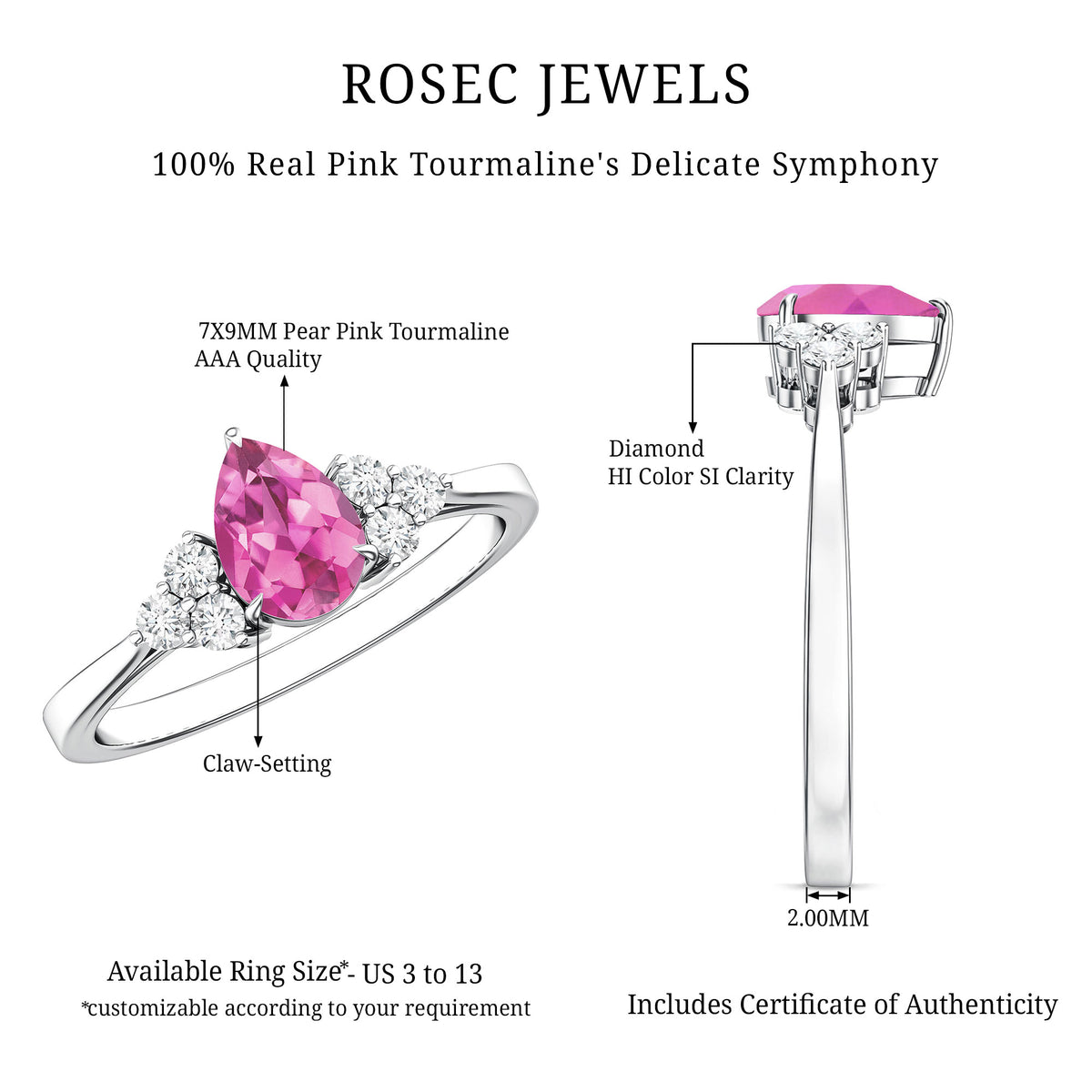 1.6 Carat Natural Pink Tourmaline Teardrop Engagement Ring with Diamond Trio AAA - Rosec Jewels