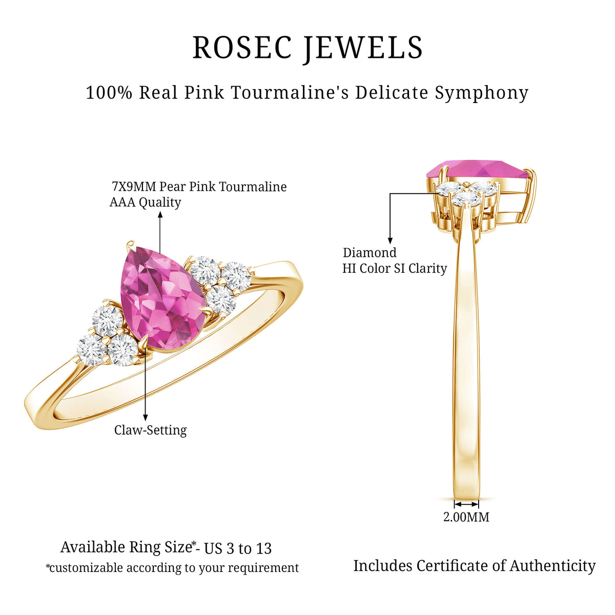 1.6 Carat Natural Pink Tourmaline Teardrop Engagement Ring with Diamond Trio AAA - Rosec Jewels