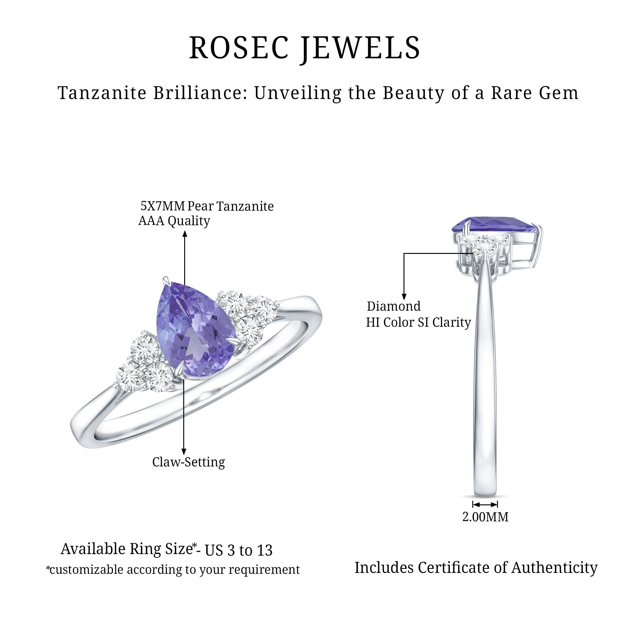 Pear Shaped Tanzanite Solitaire Ring with Diamond Trio AAA - Rosec Jewels