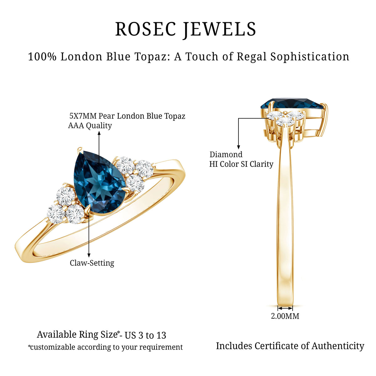 5X7mm Pear Shape London Blue Topaz Engagement Ring with Diamond Trio AAA - Rosec Jewels