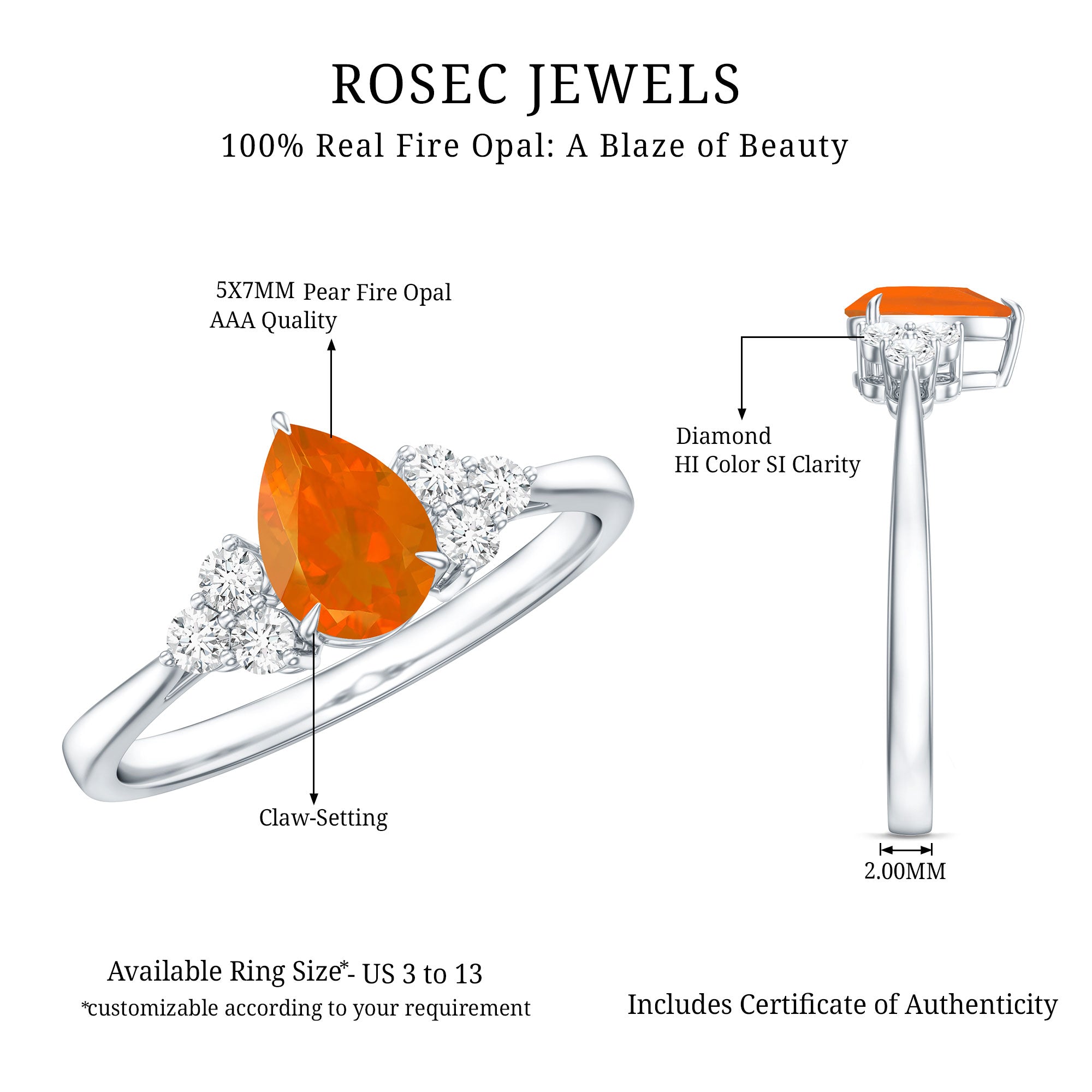 0.6 Carat Pear Shaped Fire Opal Engagement Ring with Diamond Trio AAA - Rosec Jewels