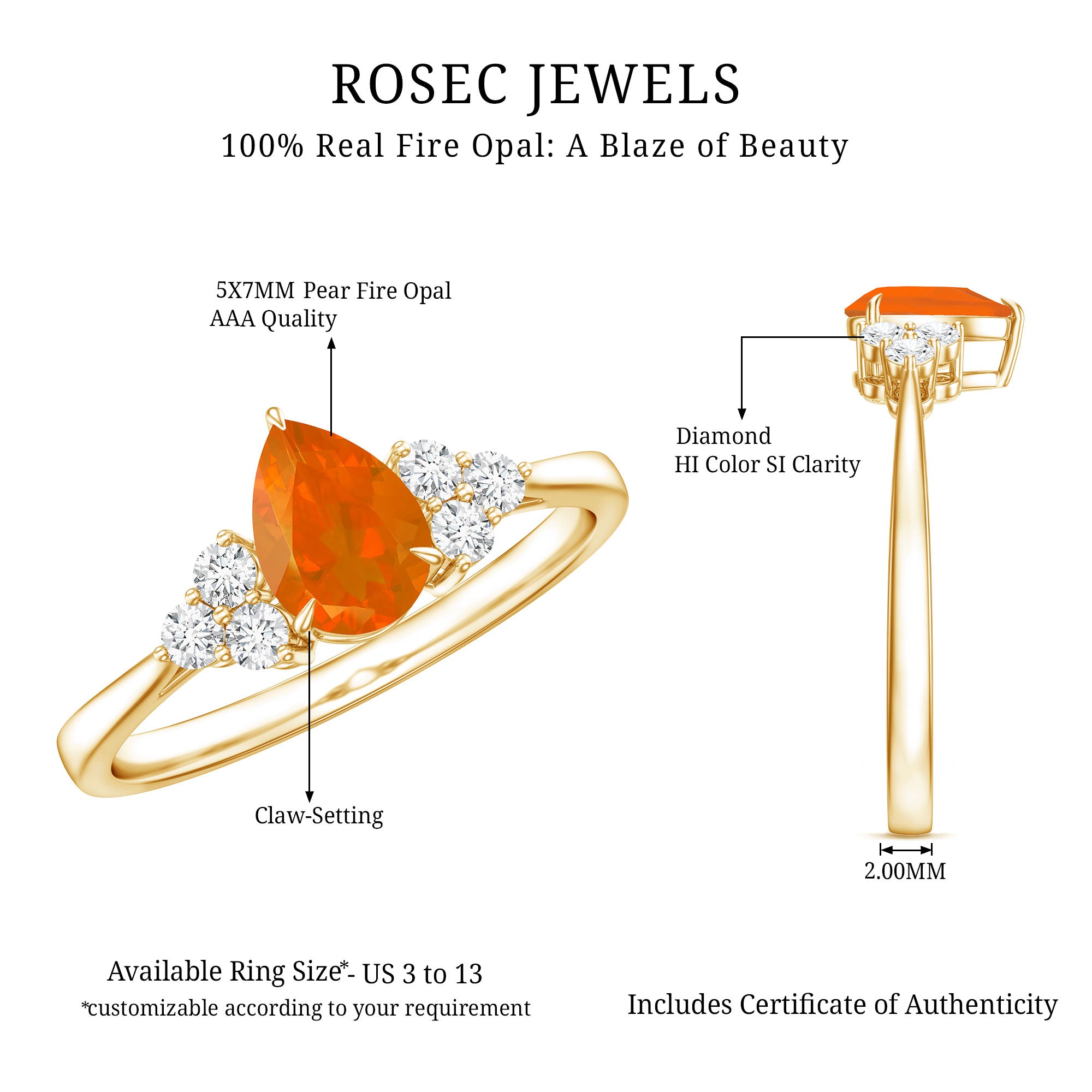 0.6 Carat Pear Shaped Fire Opal Engagement Ring with Diamond Trio AAA - Rosec Jewels