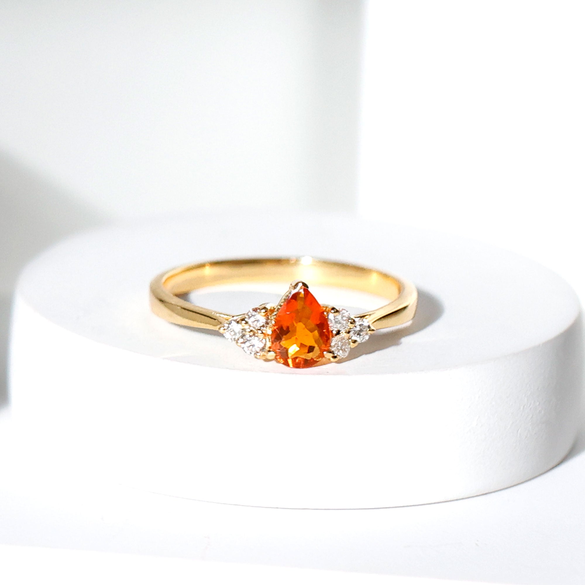 0.6 Carat Pear Shaped Fire Opal Engagement Ring with Diamond Trio AAA - Rosec Jewels