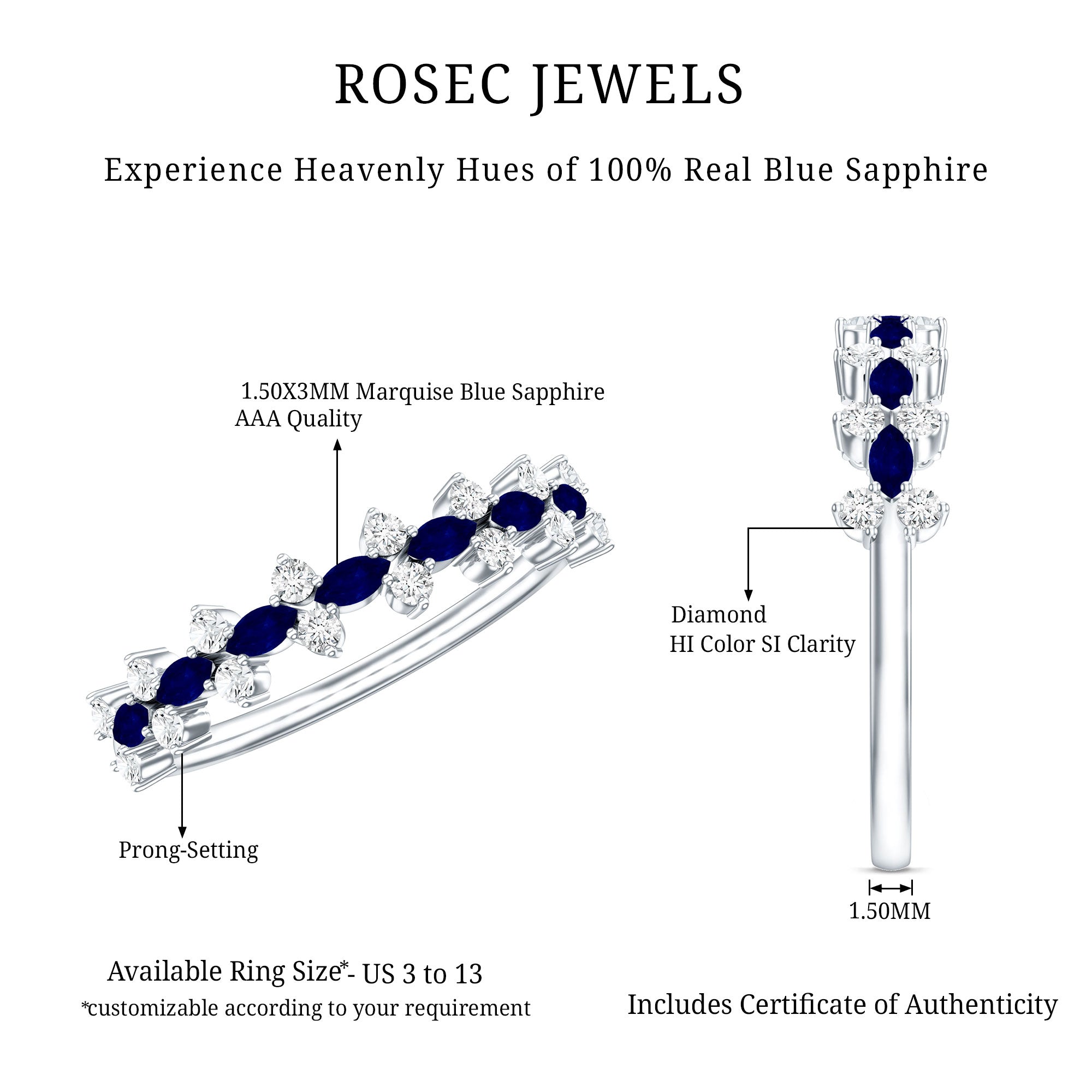 Real Blue Sapphire and Diamond Half Eternity Ring for Women AAA - Rosec Jewels
