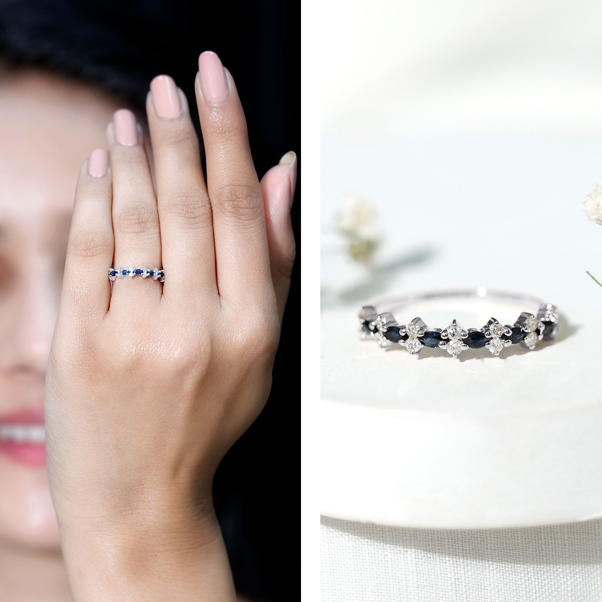 Real Blue Sapphire and Diamond Half Eternity Ring for Women AAA - Rosec Jewels