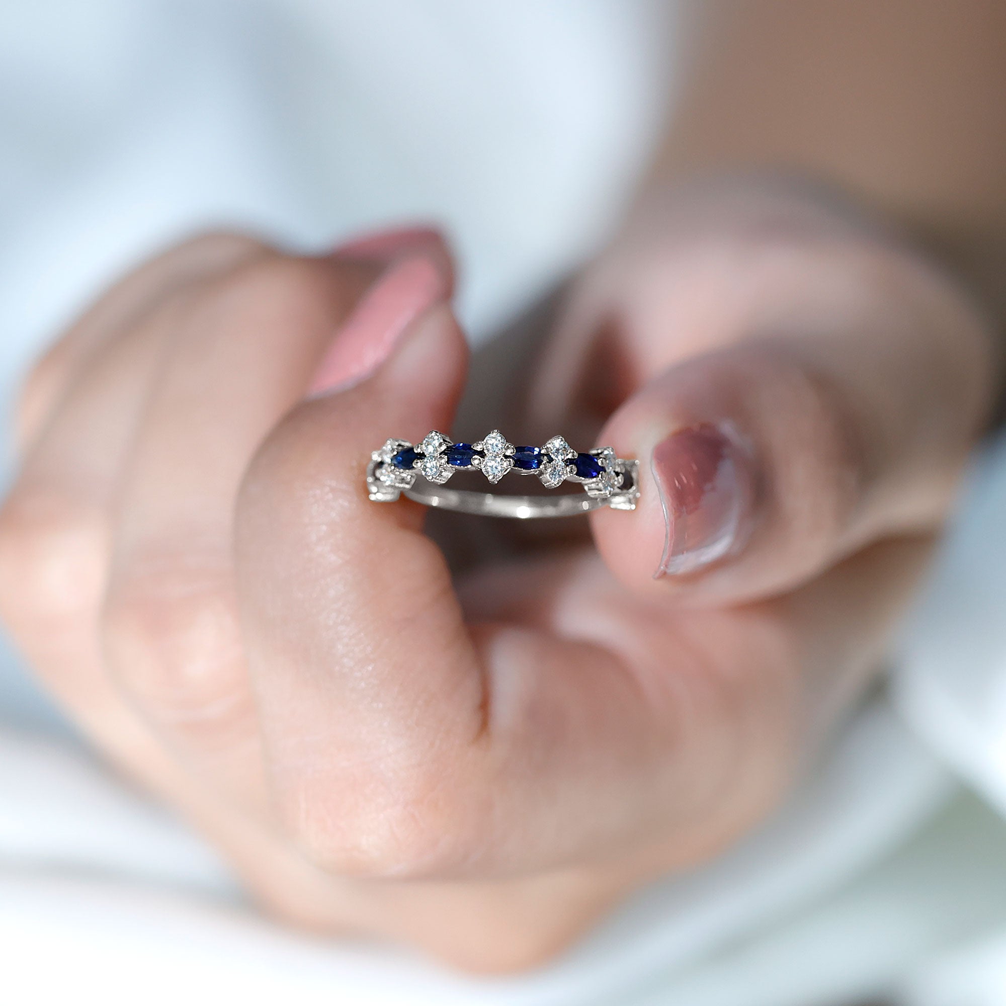 Real Blue Sapphire and Diamond Half Eternity Ring for Women AAA - Rosec Jewels