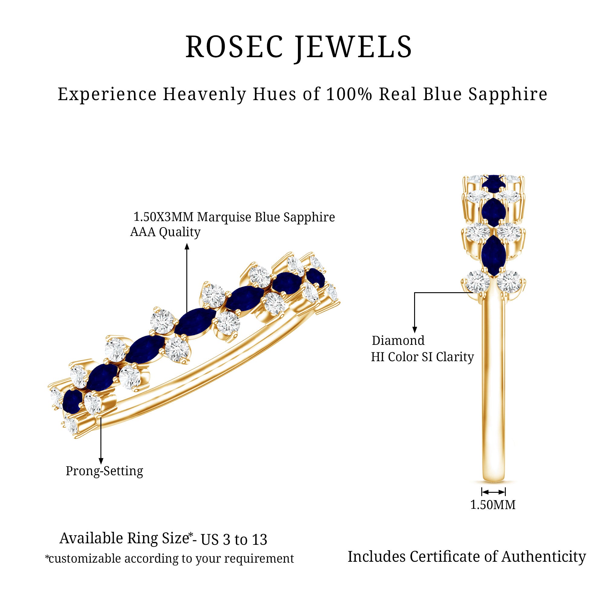 Real Blue Sapphire and Diamond Half Eternity Ring for Women AAA - Rosec Jewels