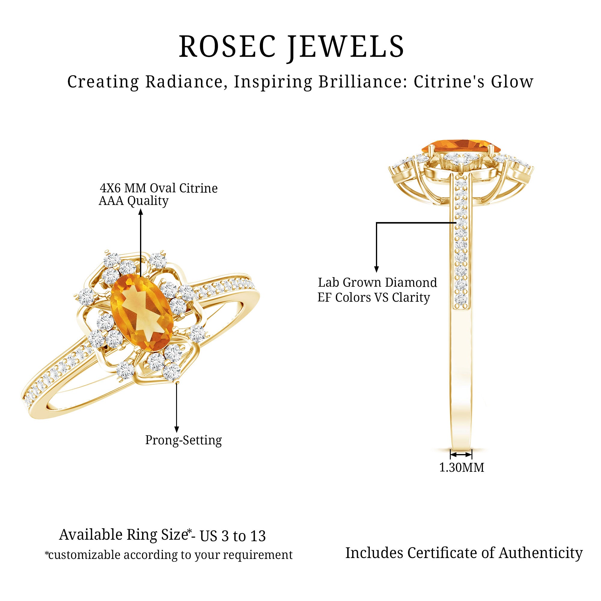Genuine Citrine Vintage Engagement Ring in Gold Plated Silver AAA 14K Yellow Gold Plated Silver - Rosec Jewels