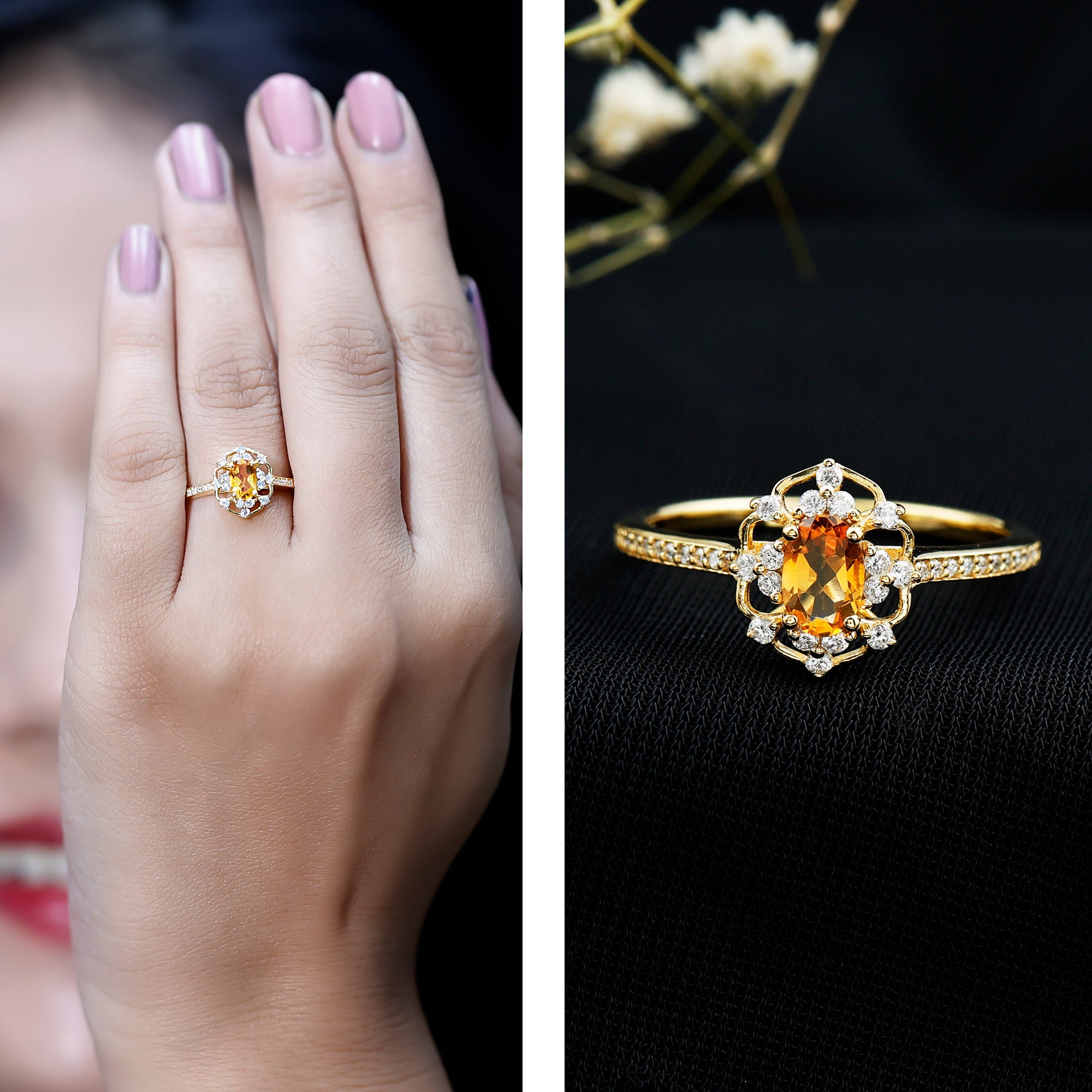 Rosec Jewels-Genuine Citrine Vintage Engagement Ring in Gold Plated Silver